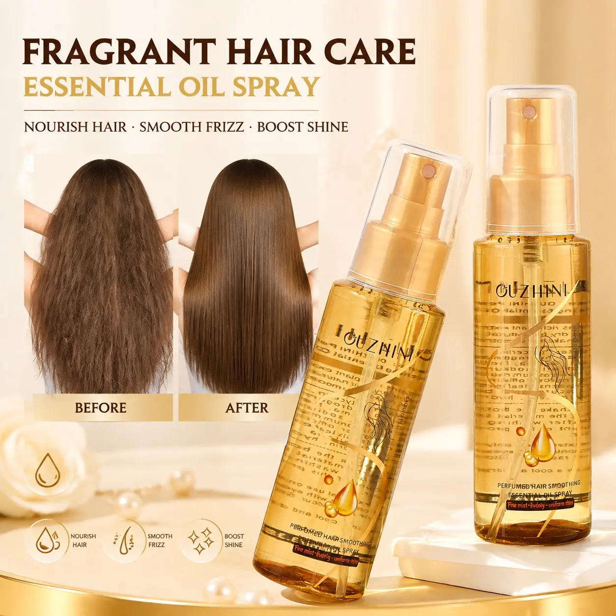100ML Gold Scented Hair Essence Spray, Heat Protection, Anti-Tangle, Frizz Control, Deep Moisture, Shiny & Smooth Hair, Softens Dry Hair