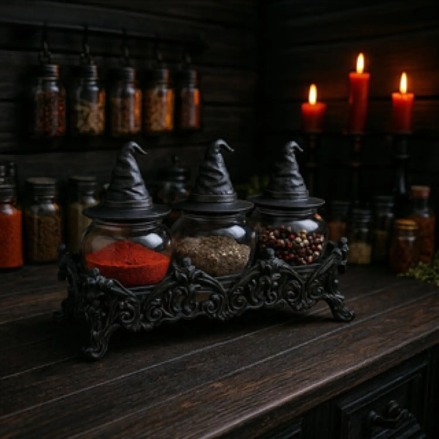 3 Piece Witch Hat Spice Jars, Gothic Base, Handmade Vintage Glass, Unique Lid, Perfect for Kitchen Spices, Halloween Gift