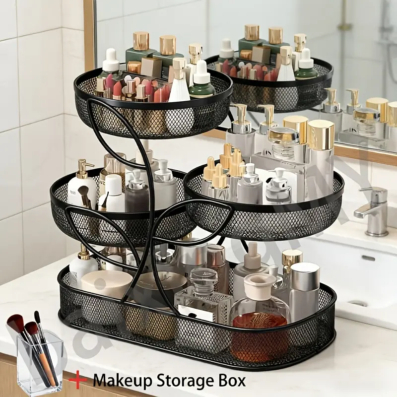 Four-layer makeup storage rack, a installation-free large-capacity multi-functional cosmetic storage rack, used to store lipstick, skin care products, makeup brushes and bottles and jars, space-saving bathroom storage rack (makeup brush bucket)