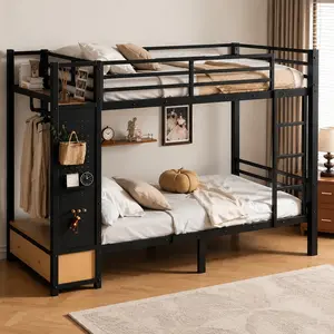 ARCH Twin XL Metal Bunk Bed with Storage Shelves, Drawers, Pegboard, Coat Rack & Headboard Shelf – Black MDF+Metal Frame, Space-Saving Multi-Functional Bed for Teens, Dorm Room, Small Apartment