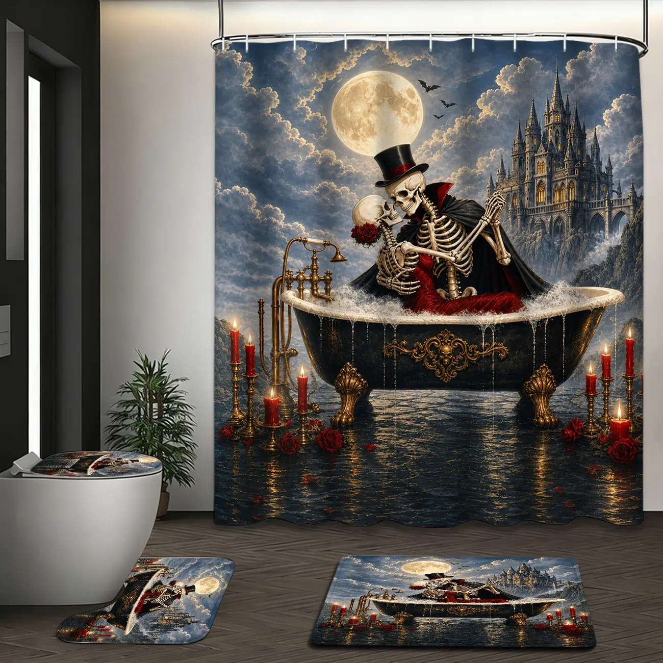 4 Piece Gothic Skeleton Couple Shower Curtain Set with Bath Mat, Toilet Lid Cover, U-Shaped Rug and 12 Hooks, Full Moon Castle Red Rose Romantic Halloween Bathroom Decor, 71 x 71 in