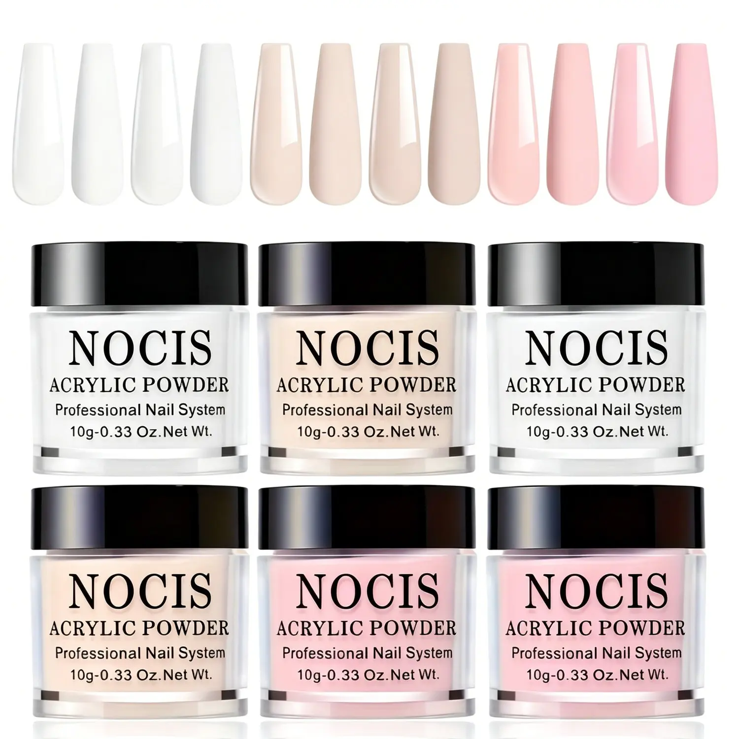 Nocis 6 Color Crystal Powder Set, Professional Nail Art Dip Powder, 10g Each, Neutral Nude Shades, Ideal for Nail Extensions and French Manicures