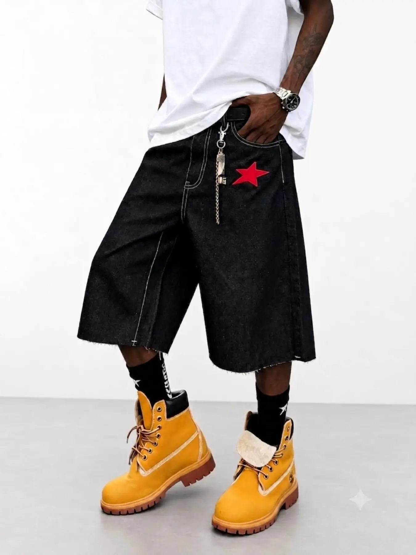 Men's American Retro Style Cartoon Print Jeans Shorts, Loose-Fitting Geometric Pattern Streetwear, Unlined Plain Surface Denim Bottoms