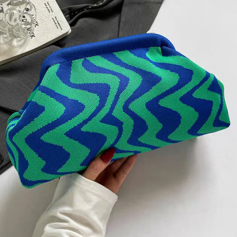 Cloud Dumpling Shape Crochet Woven Ruched Clutch Purse, Lightweight Knitted Handbag for Women Daily Party, Pu Leather, Female Bag