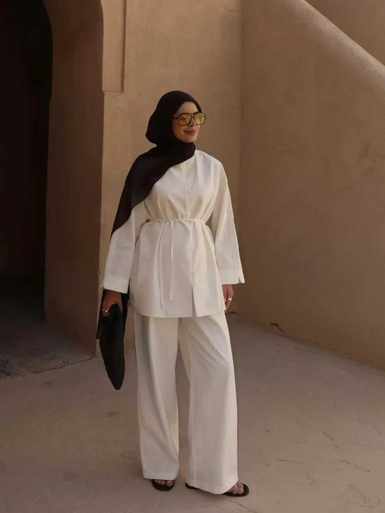 Pure Color Oversized Round Neck Loose Long Sleeve Top and Wide Leg Pants Set, Casual Elegant Muslim Women's, Includes Tie Belt, Fashion Muslim Set