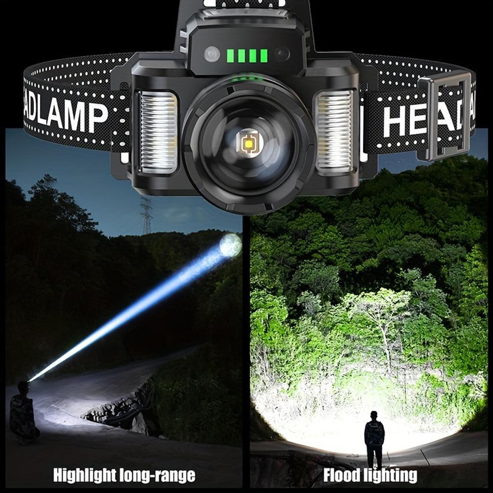 Rechargeable Headlamp,5 nights Battery Life,500m beam,Power Indicato,Zoom(Spot to Flood), Motion Sensor Switch, 90° Adjustable, Detachable Headband, Soft Light/Strobe, 1000 Lumen Constant Output, Includes Charging Cable, Power Bank Rechargeable Headlamp,5 nights Battery Life,500m beam,Power Indicato,Zoom(Spot to Flood), Motion Sensor Switch, 90° Adjustable, Detachable Headband, Soft Light/Strobe, 1000 Lumen Constant Output, Includes Charging Cable, Power Bank