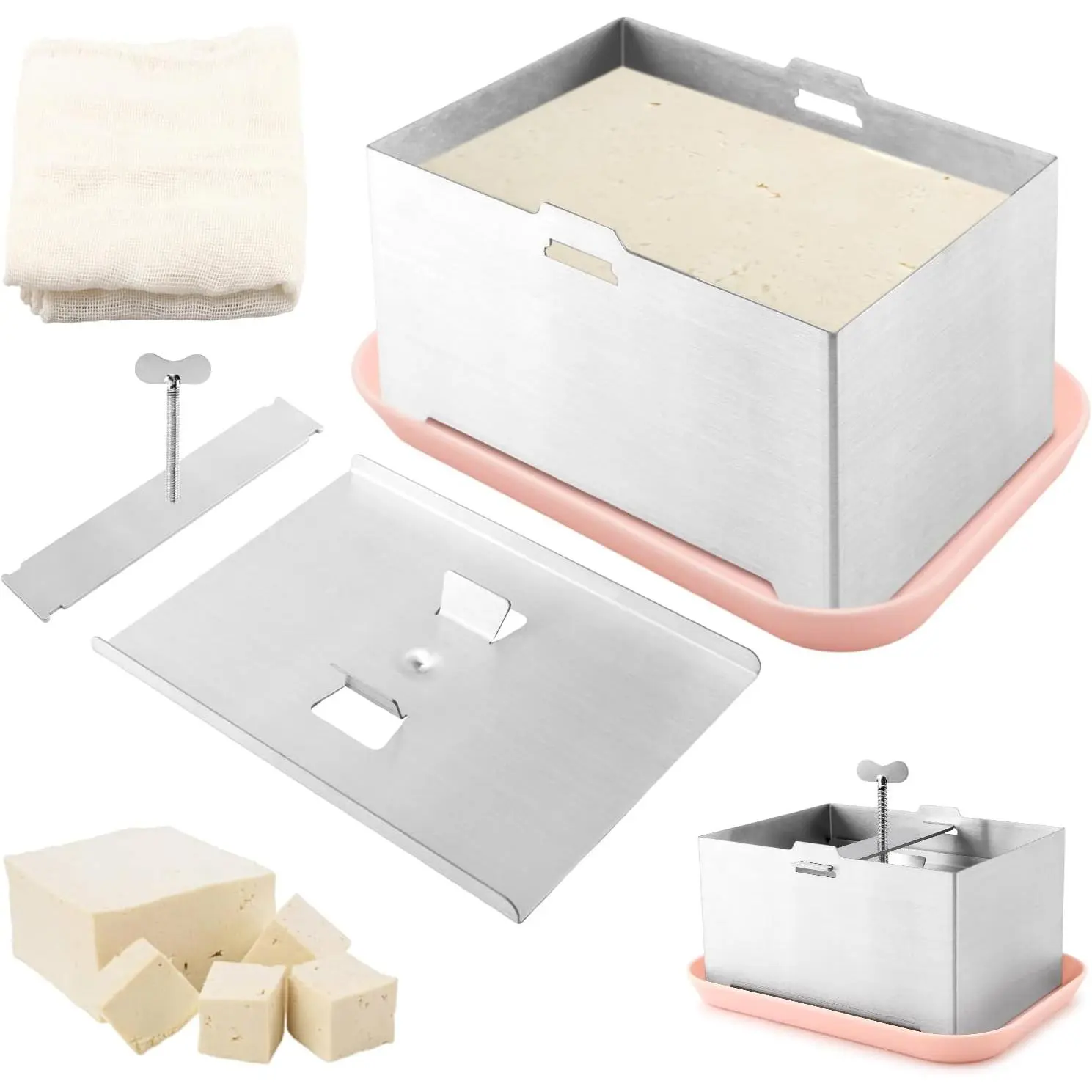 Stainless Steel Tofu Press with Presser Towel & Drip Tray,DIY Tofu Maker for Homemade Firm Tofu,Paneer & Cheese Press Prensa Para Queso for Homemade Tofu,Easy to Use and Clean
