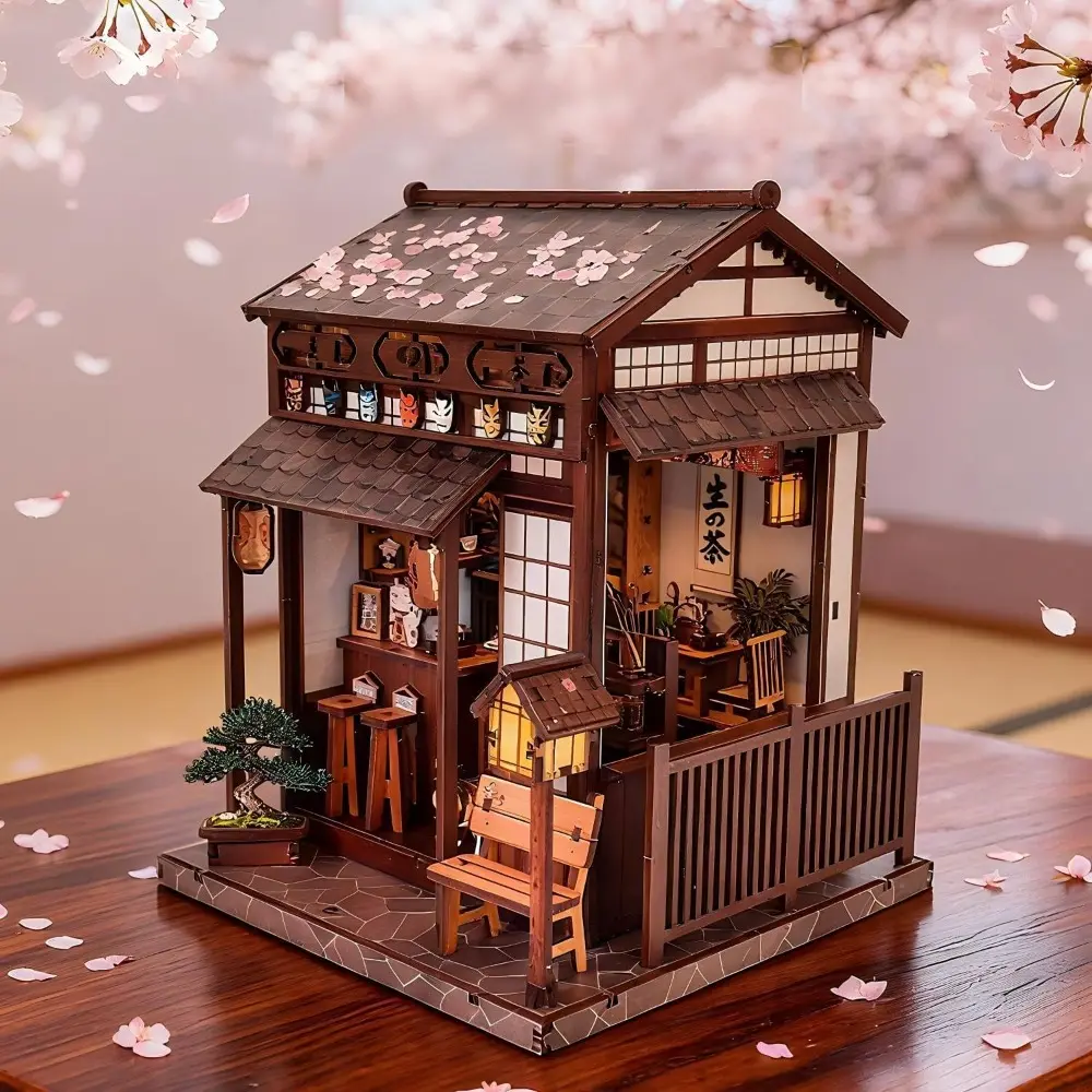 Adult DIY Reading Corner Set, Japanese Cherry Blossom Dollhouse Kit, LED Mini House, 3D Wooden Bookshelf Model, Gift for Adults and Teens