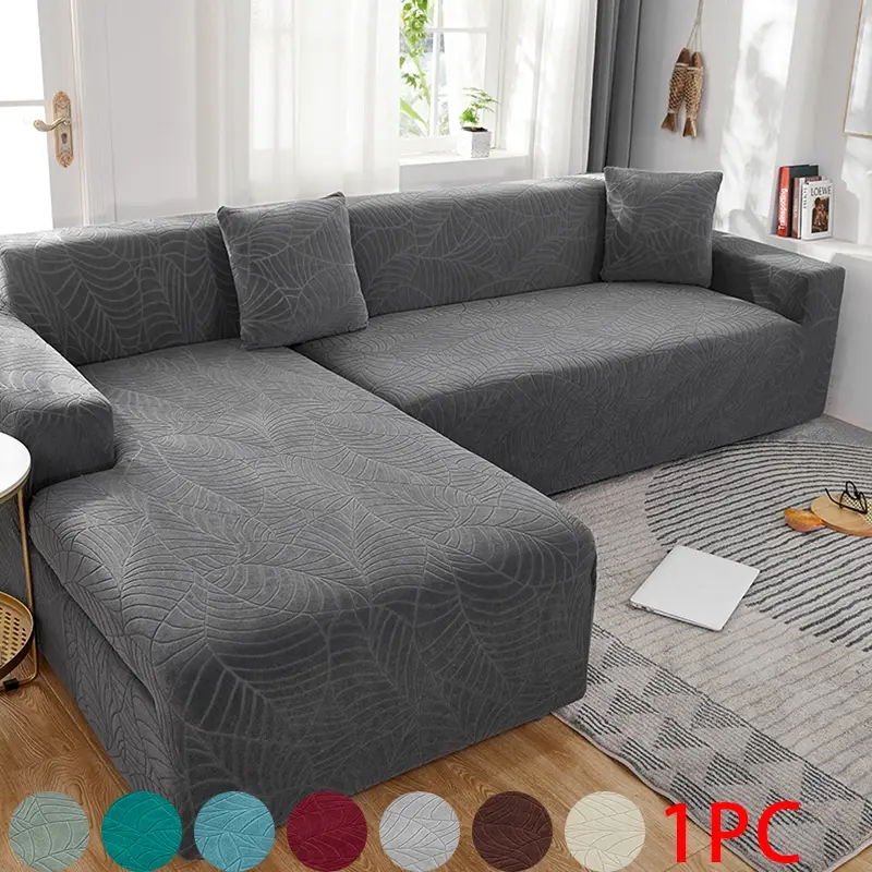 Dark Gray Stretch L-Shaped Sectional Sofa Slipcover L Shaped Couch Cover with a Leaf Jacquard Pattern, Waterproof, Non-Slip and Cat-Scratch-Resistant Full-Coverage Protector for All-Season Use