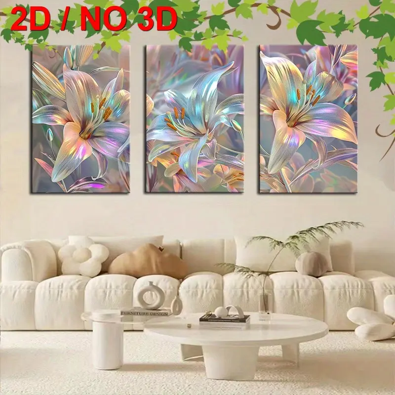 2D flat, framed 3-piece canvas wall art, ready to hang gift, rainbow lily digital painting wall art print poster mural decoration home decor