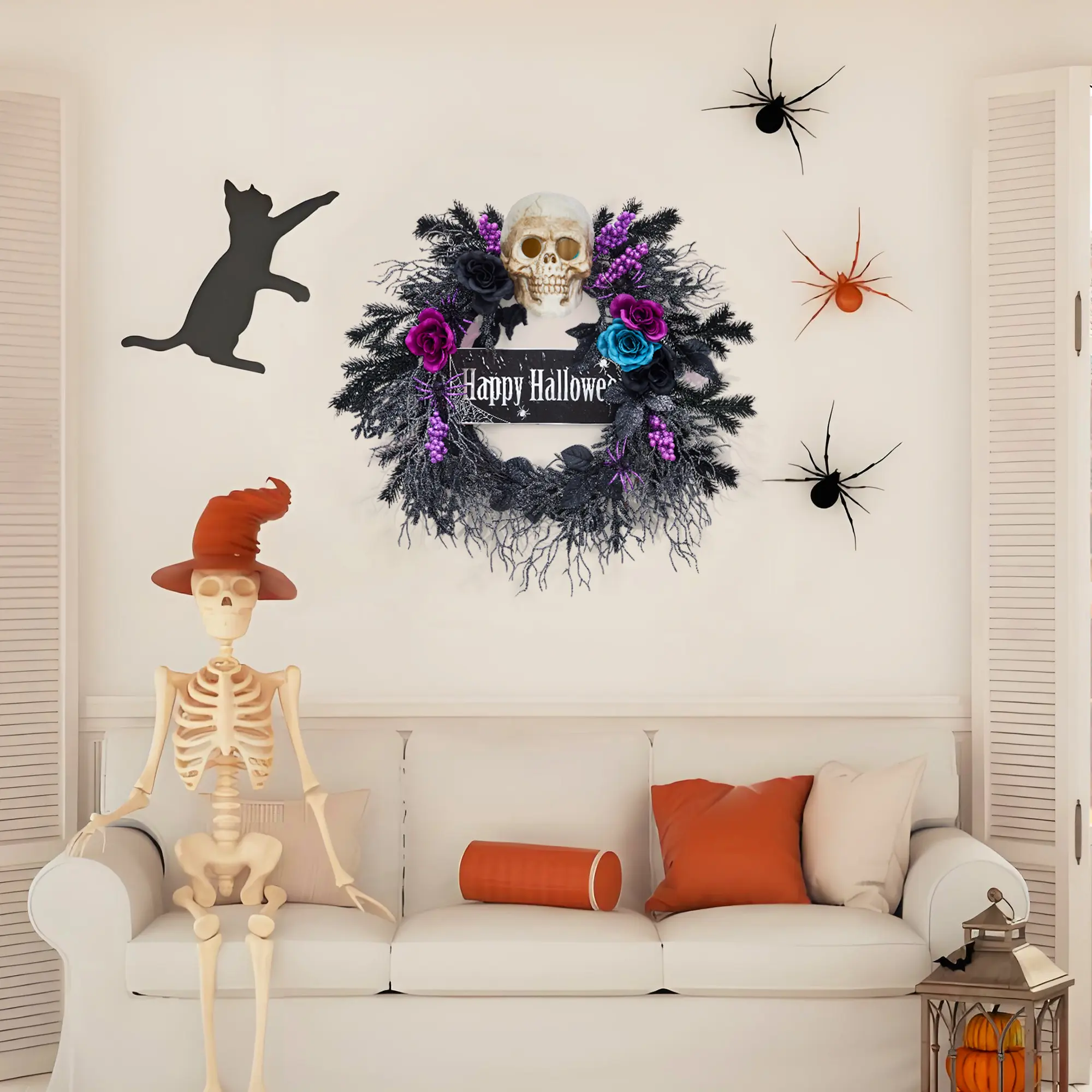 22-Inch PVC Skull Wreath with Purple Flowers, Halloween Door Decor, Purple, One Size