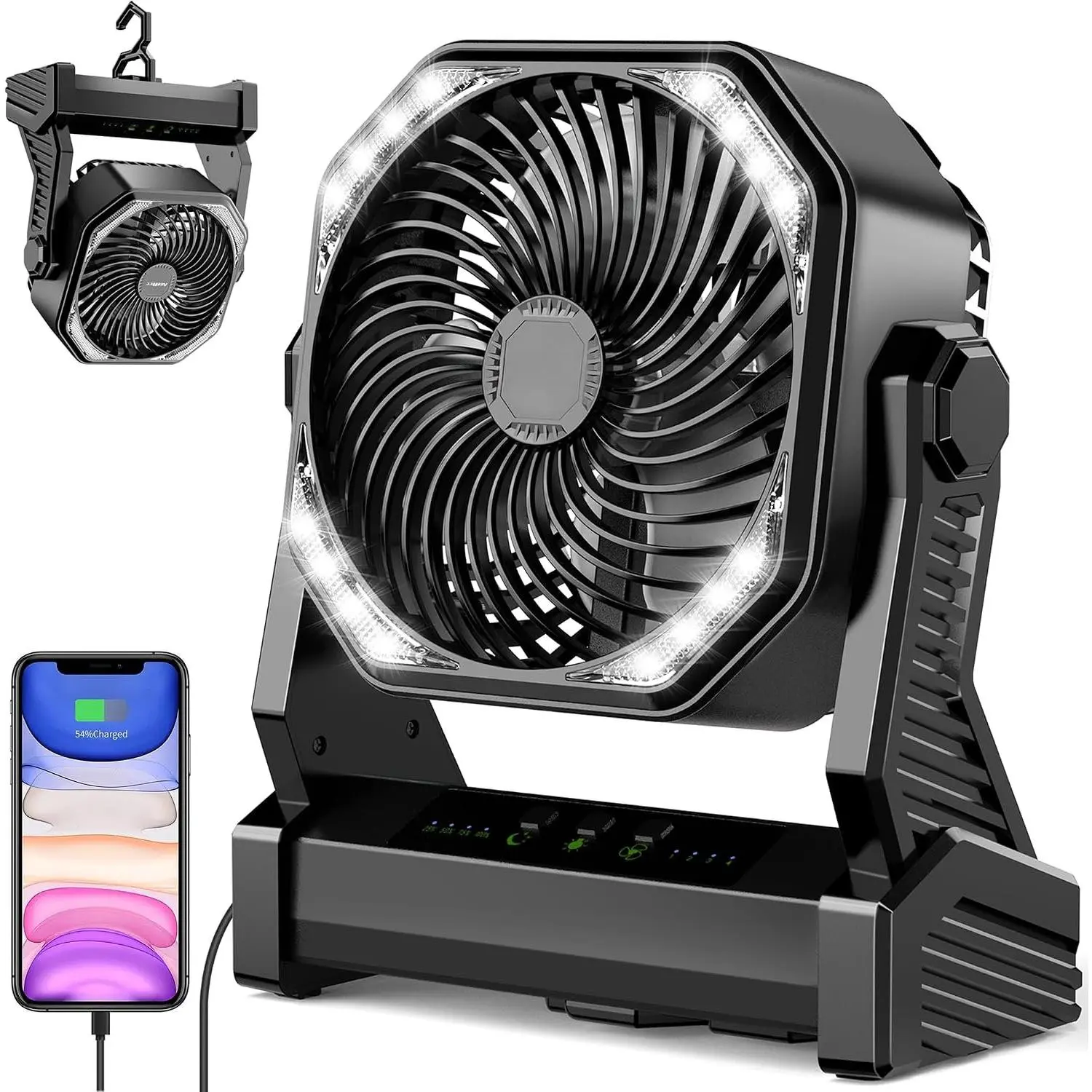 20000mAh   Camping Fan, 58Hrs Rechargeable Portable Fan, 400LM Light, 360° Hook,  Quiet  Operated Fan for Outdoor  Travel Gear Essentials Power Outages Co-brand AMACOOL