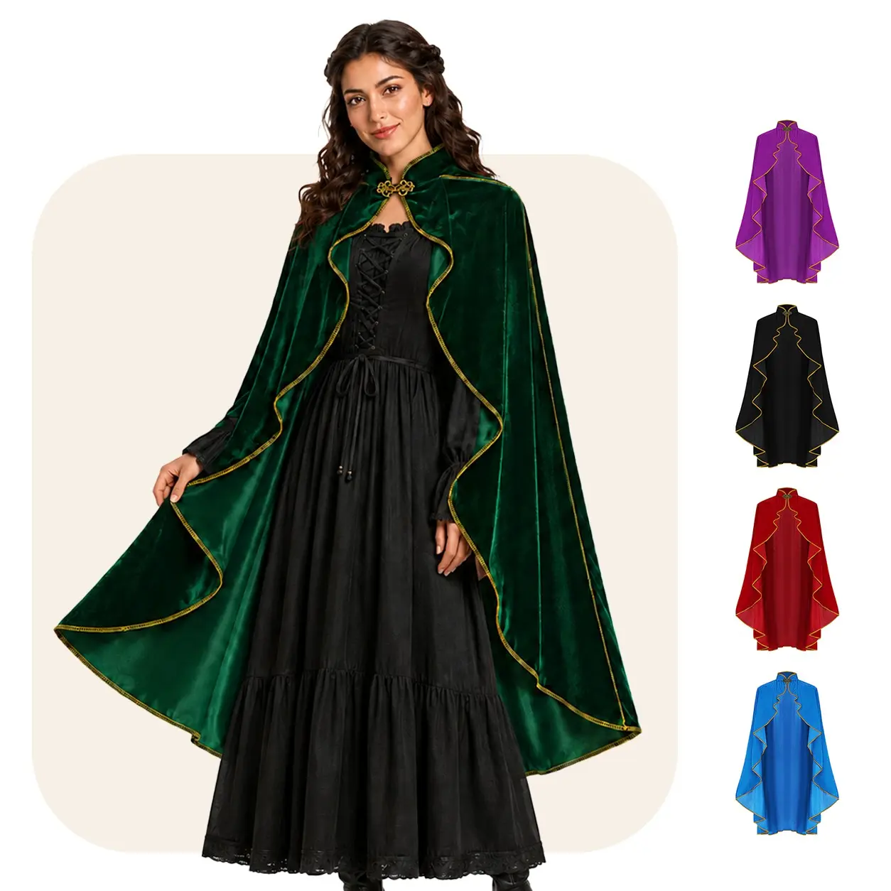 Medieval Velvet Cloak, Gold Trimmed Elegance Cape for Masquerade Balls, Halloween Parties, Role Play, Stage Performances, Medieval Theme Events
