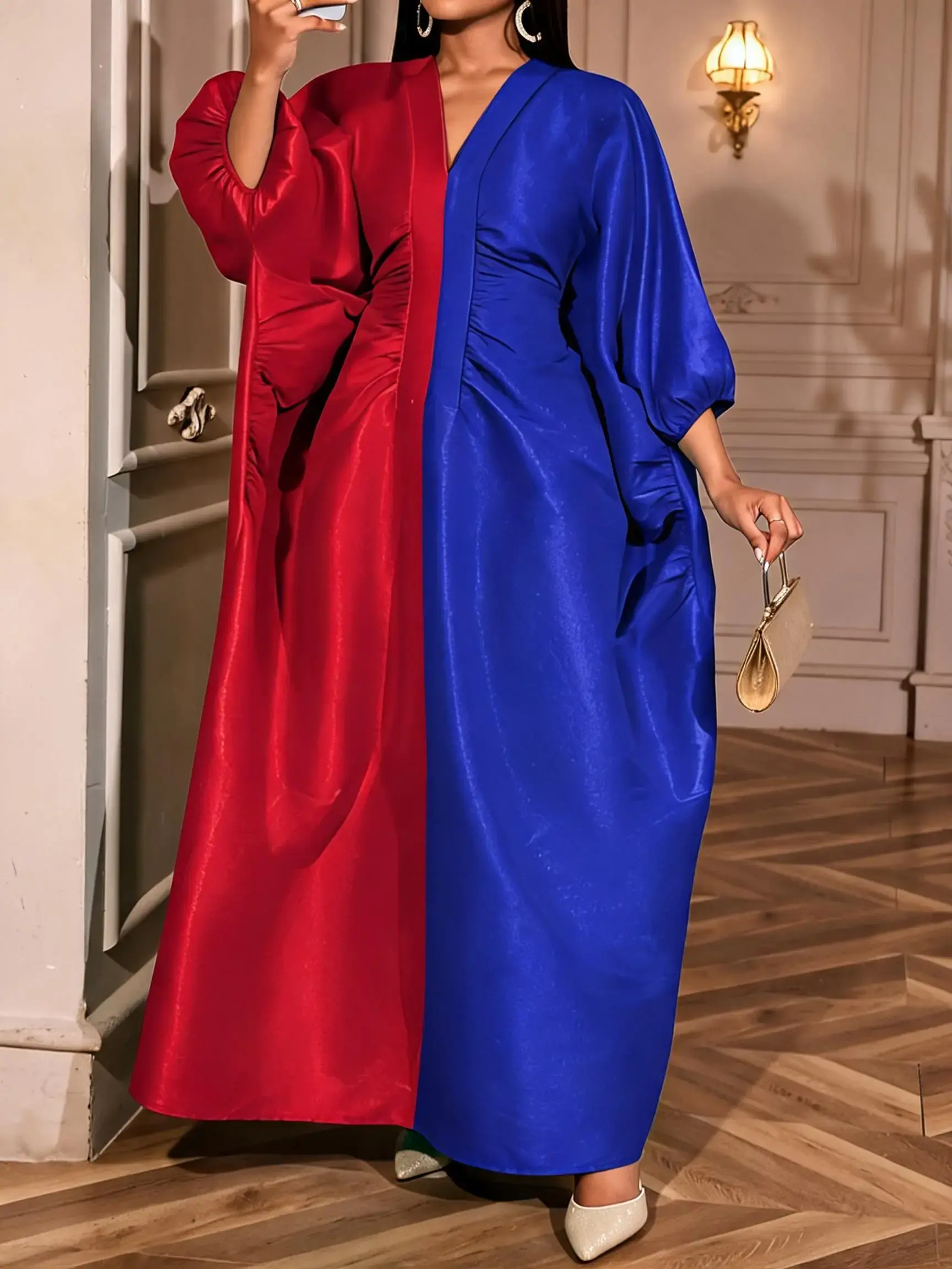 Elegant Women's Long Loose Dress, Ruched V-Neck Lantern Sleeves, African Fashion Sparkling Formal Party Dress, Stylish Evening Gown