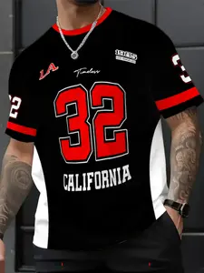 Men's Fashion Los Angeles California 32 Number Printed Short Sleeve, 3D Print Casual Sports Shirt, Sporty T Shirt, Athletic Shirt, Activewear T Shirt, Athletic Active Tops, Fun Round Neck Top, All Seasons, Athletic Apparel, Casual Fitness Wear
