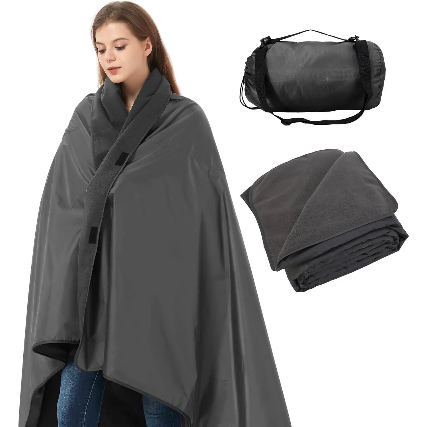 4-in-1 Large Camping Blankets - , Windproof Fleece Outdoor Blankets for Stadium, , , Concert - 81"x57", Portable (Dark Gray)