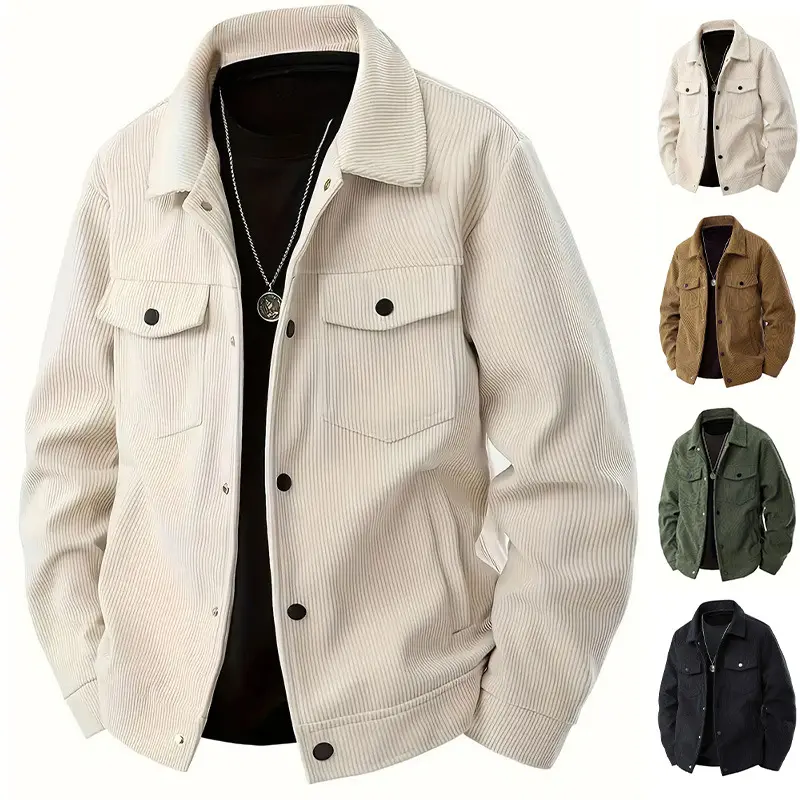 Men's Western-style casual corduroy jacket/shirt-featuring a lapel, long sleeves, single-breasted button closure, and trendy pockets-ideal for autumn.