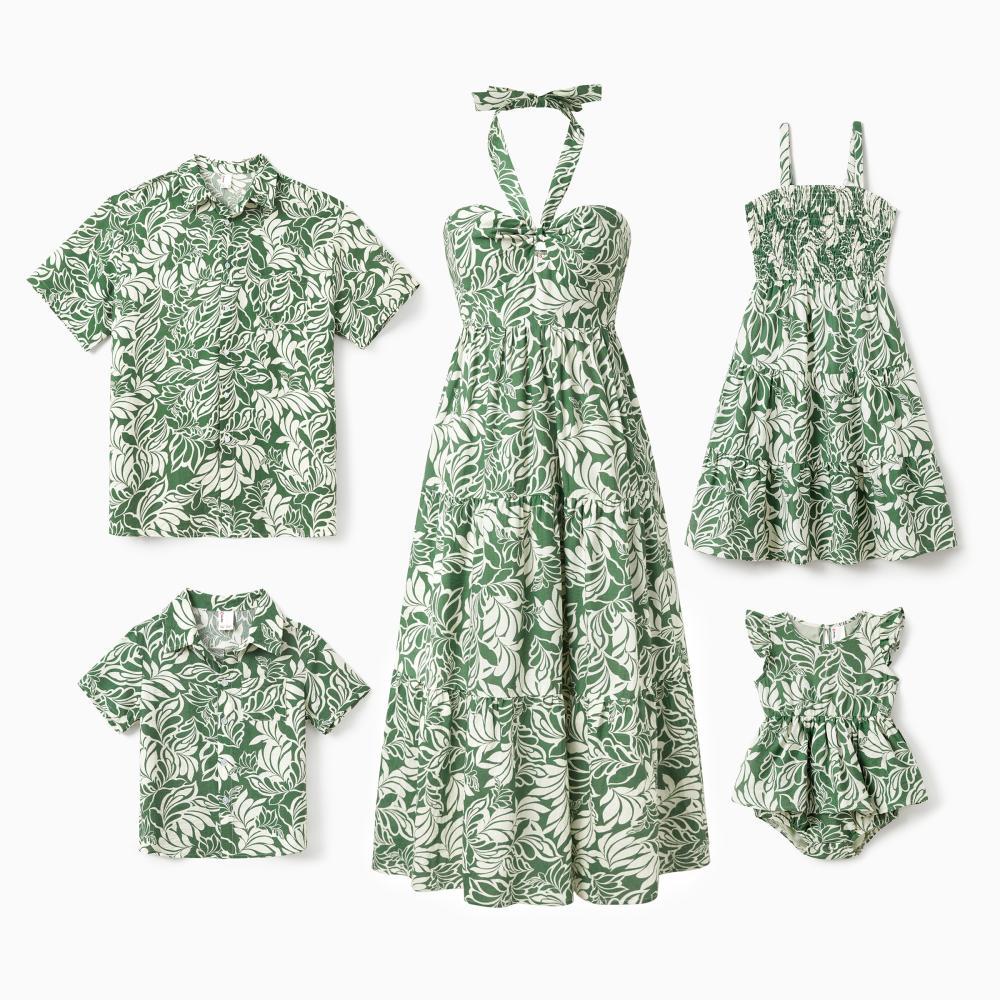 PatPat Family Matching Leaf Print Short-sleeve Shirt or Halter Dress Green Set Spingtok