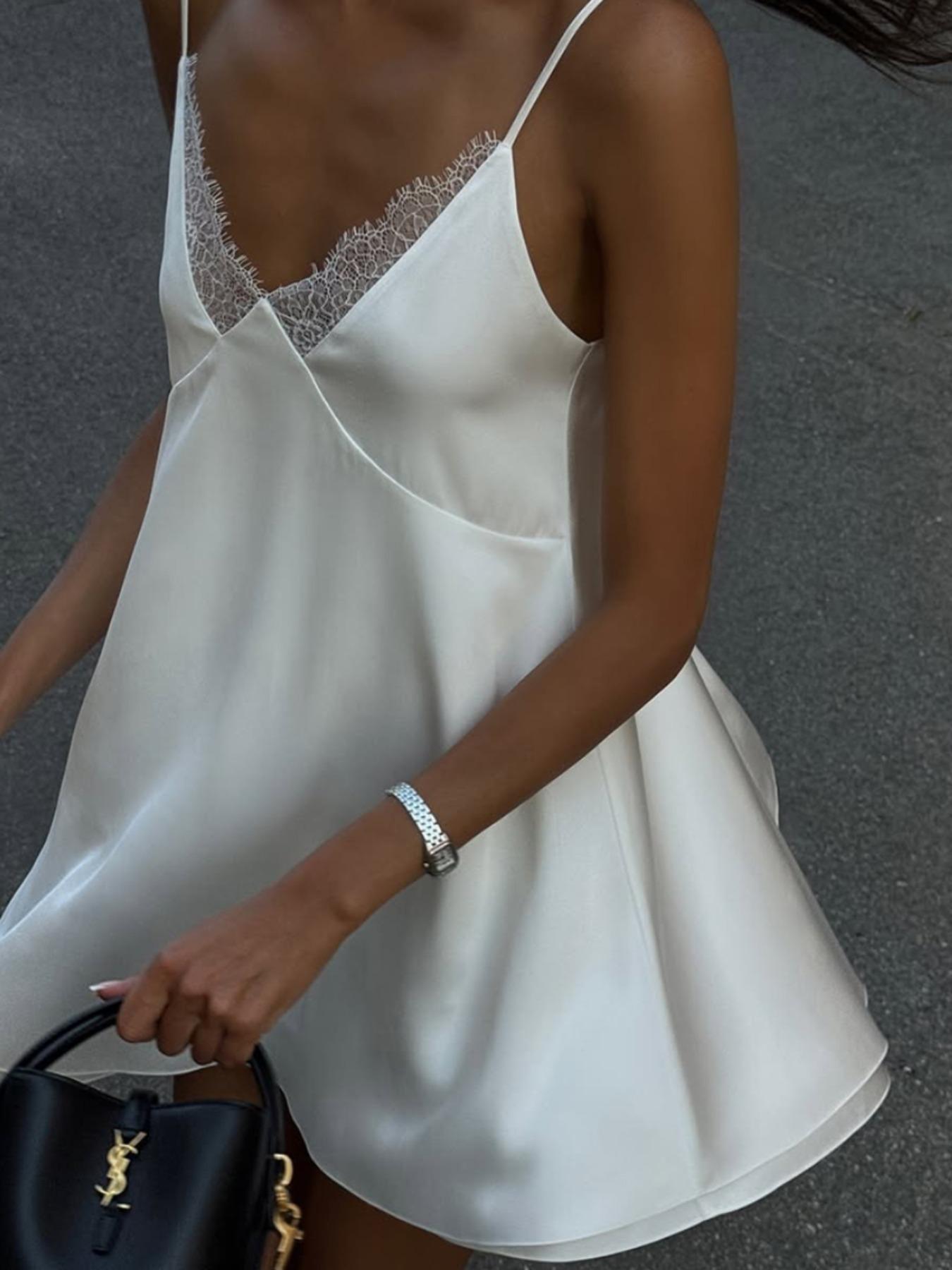 Women's Lace Trim Cami Dress, Solid Color Sleeveless Dress for Parties, Clubs and Dates, Ladies Clothes for Summer