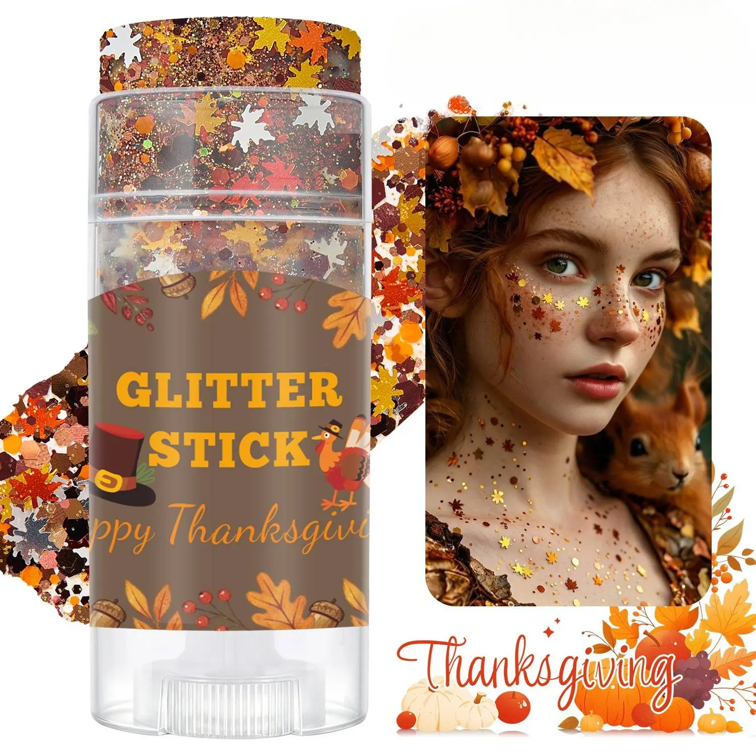 Thanksgiving Glitter Stick Autumn Maple Leaf Pumpkin Turkey Sequins Gel, Long Lasting Self-Adhesive Face Body Glitter For Fall Harvest Halloween Festival Shimmer Sequins Makeup For Party Costume