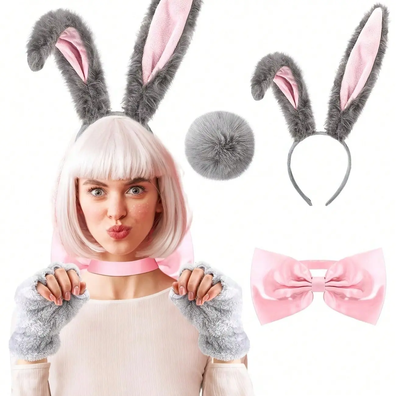 3-Piece Adult Bunny Costume Set, Includes Ears, Tail, Bow, Perfect for Role Play, Halloween, Easter, Daily Cosplay Props, Accessories