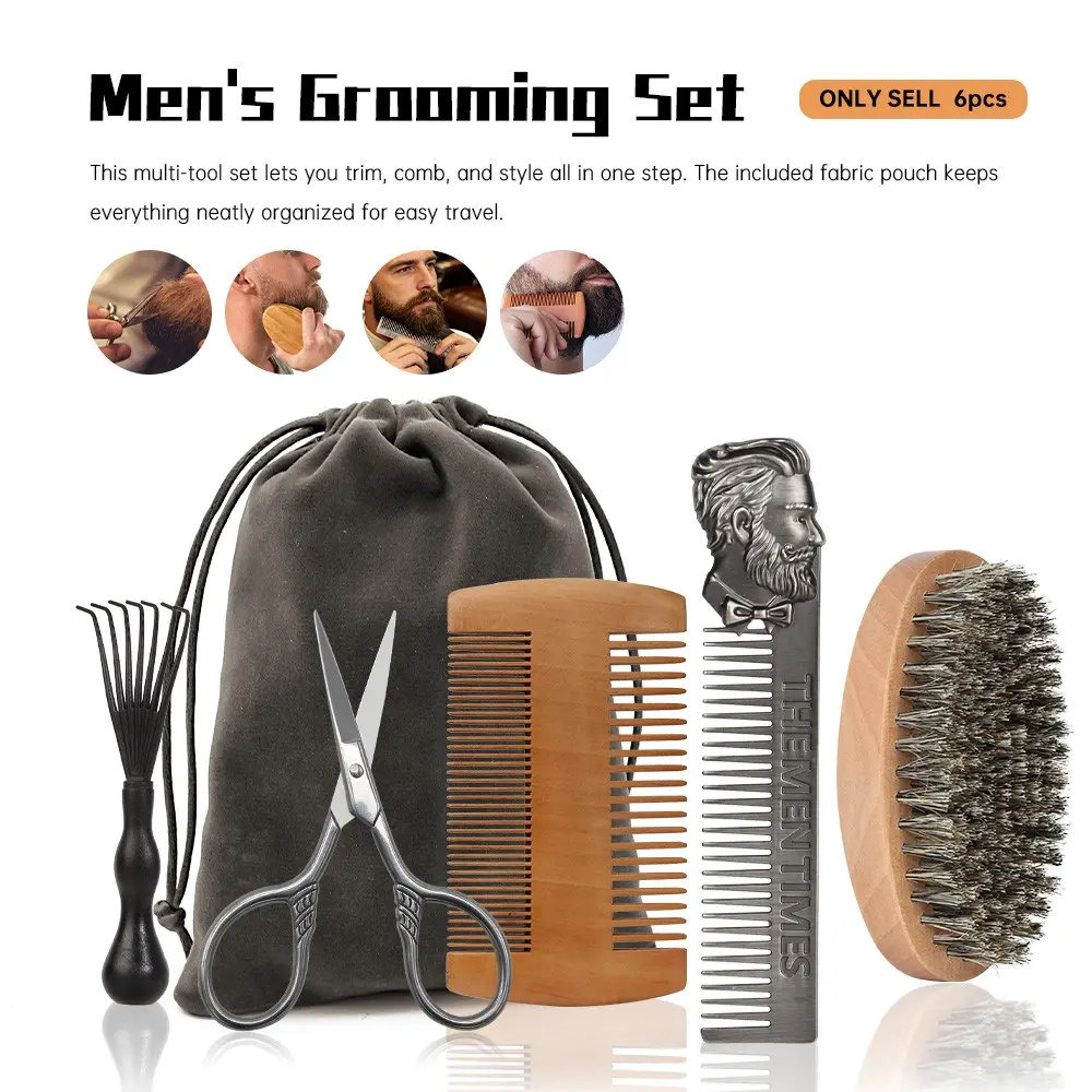 Men's Beard Care Kit 5-Piece Set, Boar Bristle Brush, Wood Comb, Engraved Metal Razor Comb, Vintage Beard Trimmer, Cleaning Tool, Beard Styling Tools