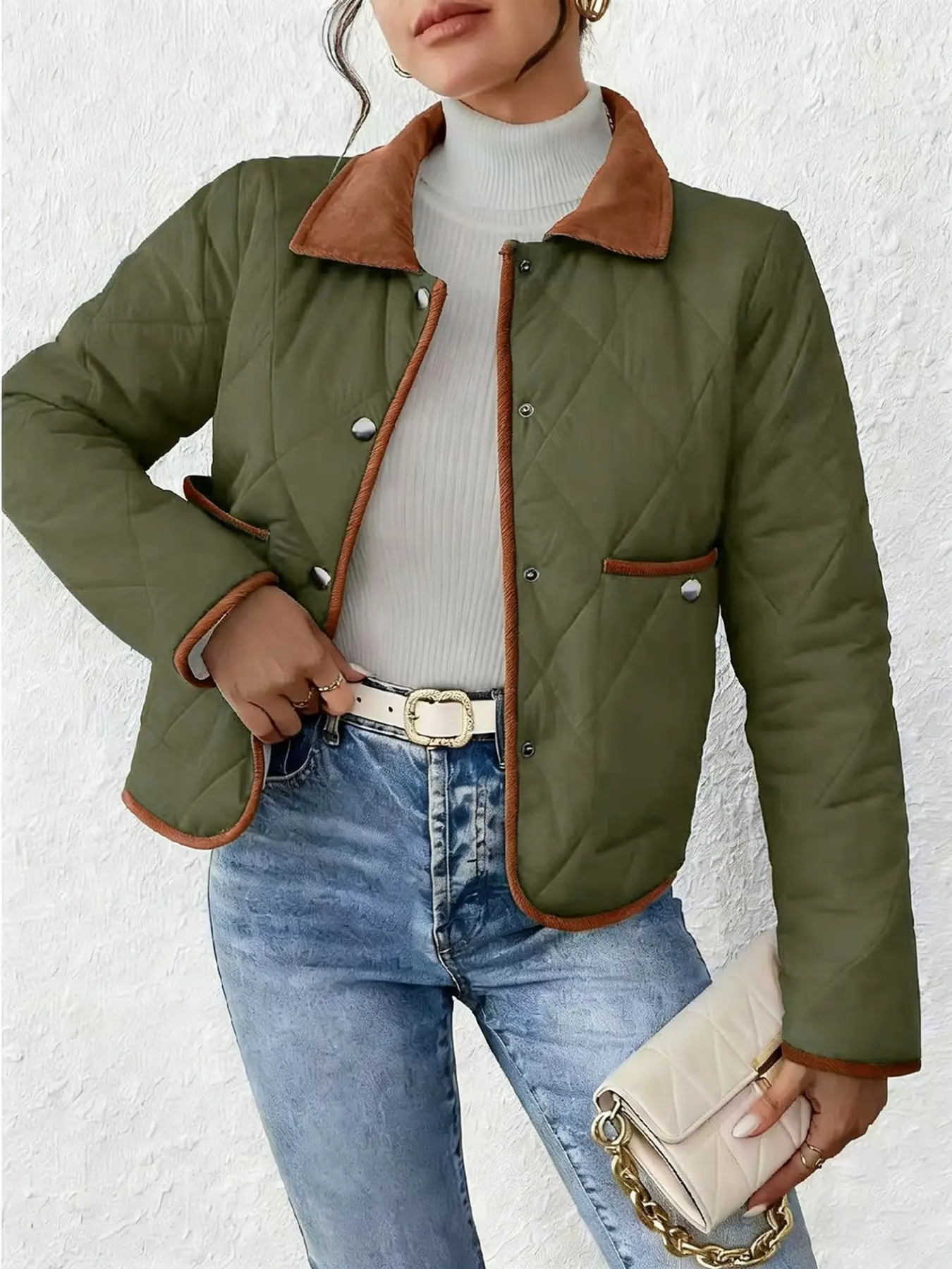 Women's Fashion Elegant Two-Tone Short Cotton Jacket, Patchwork Lapel Long Sleeve Coat, Suitable for All Occasions, Fall Winter New Arrival
