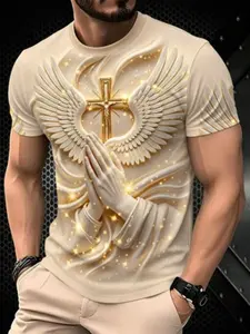 Men's Casual Streetwear Fitted Long Sleeve T-Shirt, Angel Wings Cross Print, Prayer Hand Design, Regular Fit Unlined Top, Menswear
