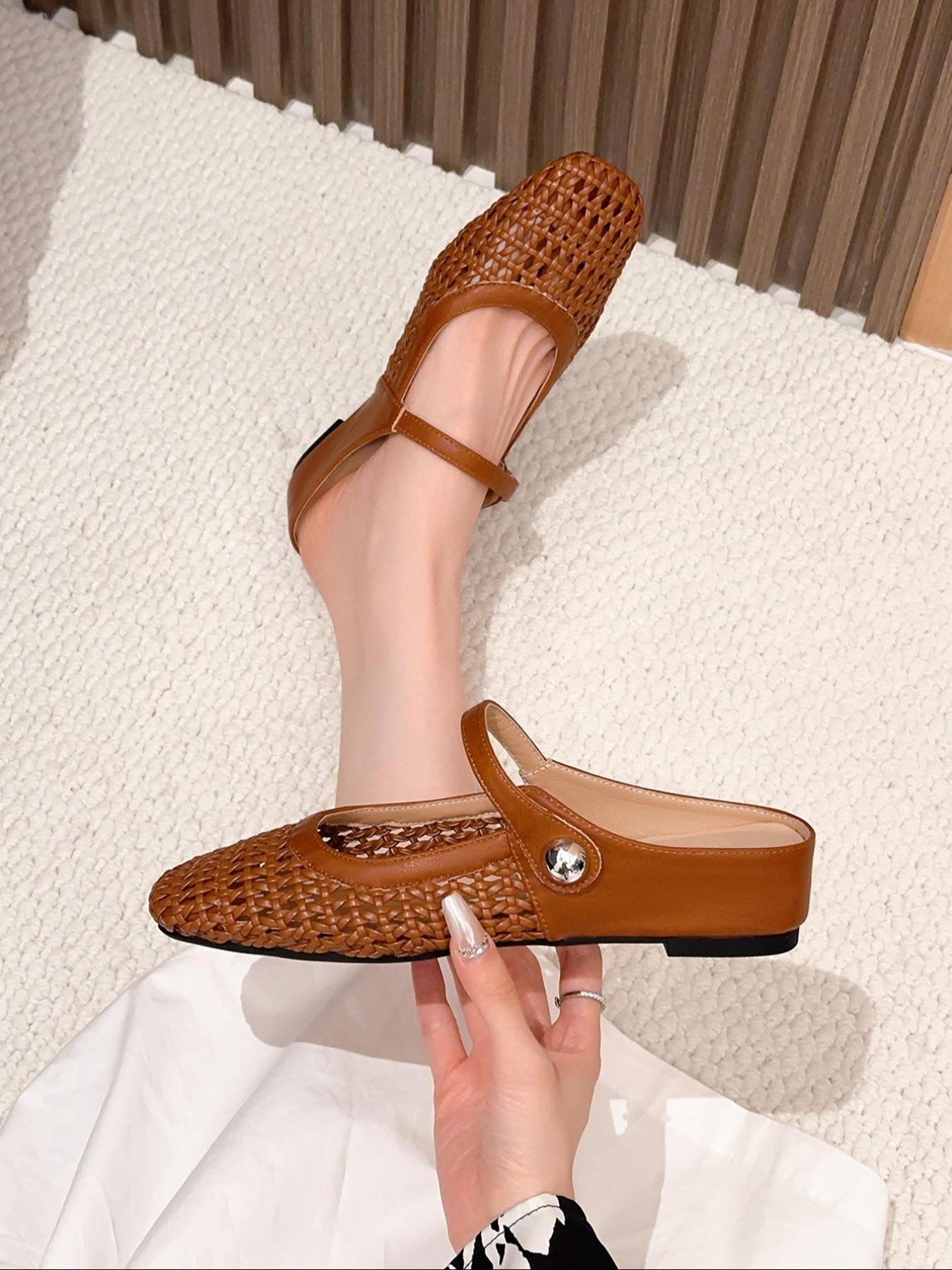 Women's Square Toe Woven Hollow Out Casual Shoes, PU Leather Upper, Rubber Sole, Medium Width, All Season Fashion Sneakers