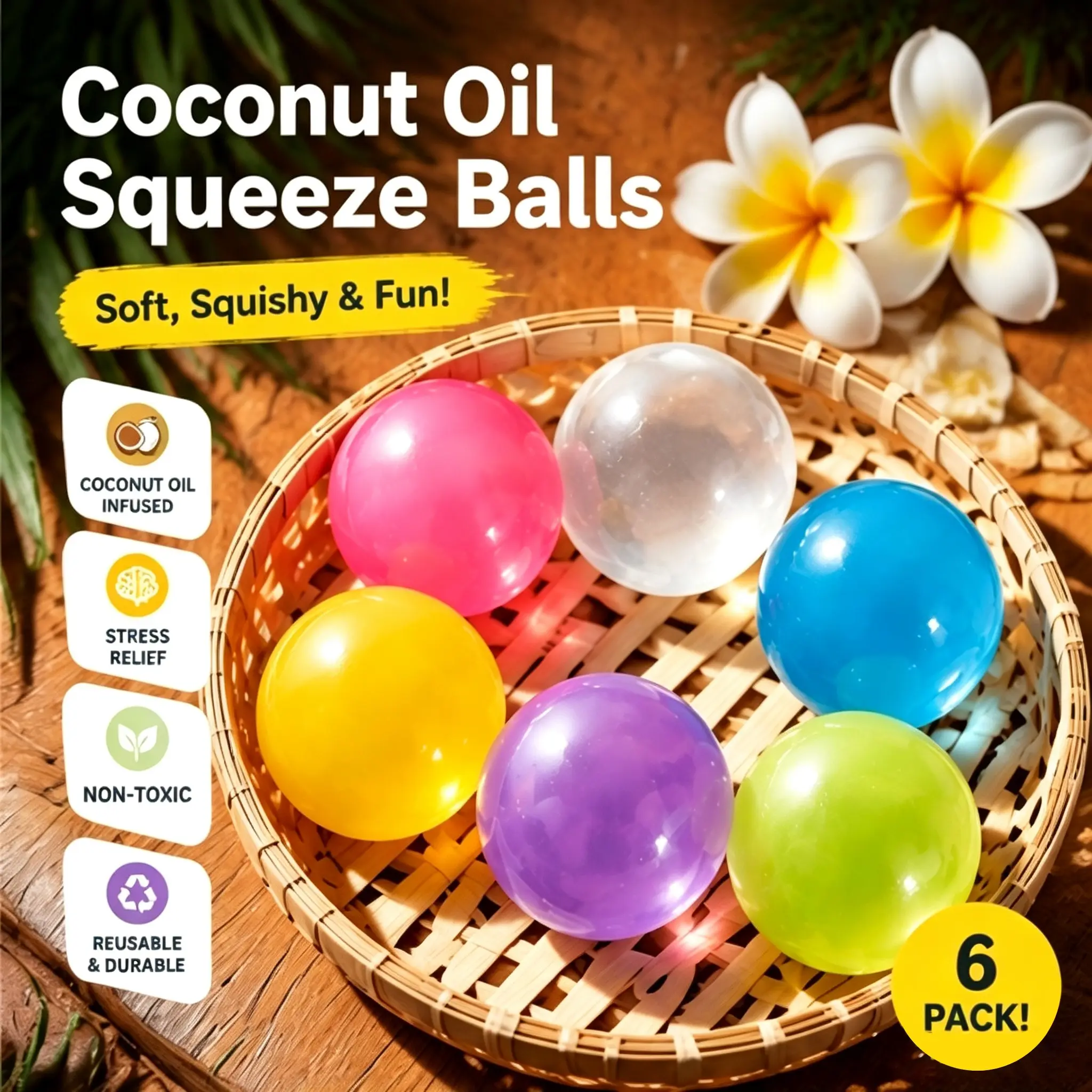6-Pack Coconut Oil Handmade Stress Balls, Slow-Return Pressure Relief Toys, Soft Q-Elastic Tpr, Multi-Color Set, Anxiety Relief, Sensory Training