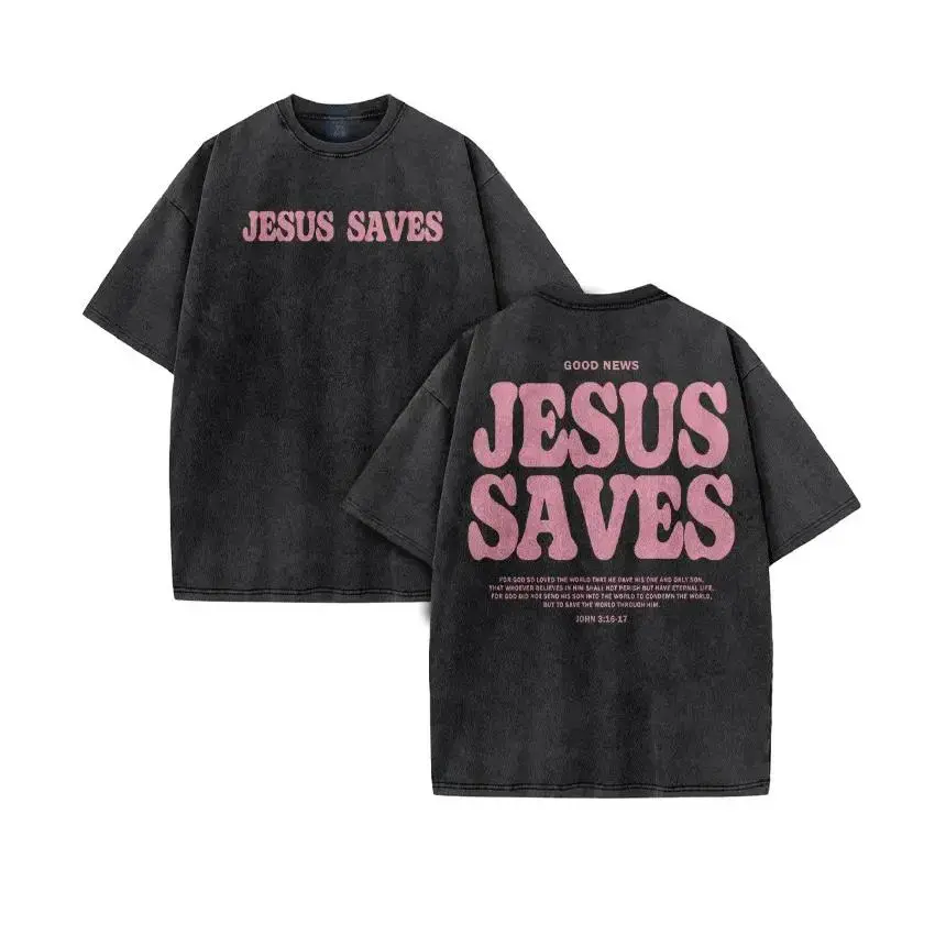 Women's Fitted Short-Sleeve Christian Sports Top, Acid-Washed Cotton Jesus Saves Graphic Shirt, Breathable Unisex Back-to-School Casual Wear (Jesus T-Shirts)