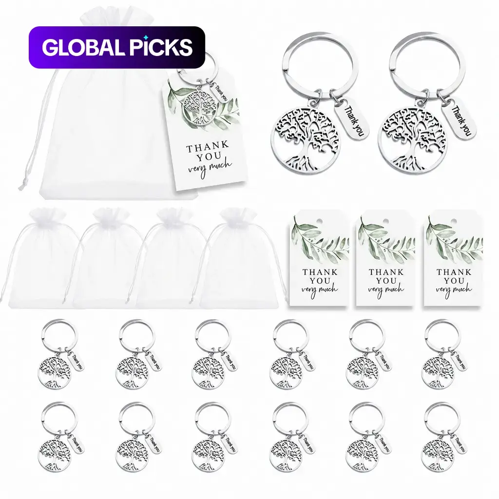 Tree of Life Key Ring Gift Set, Keychain Accessory, 20pcs Leaf Thank You Cards, 20pcs Organza Bags, 20pcs Hollow Metal Keychains