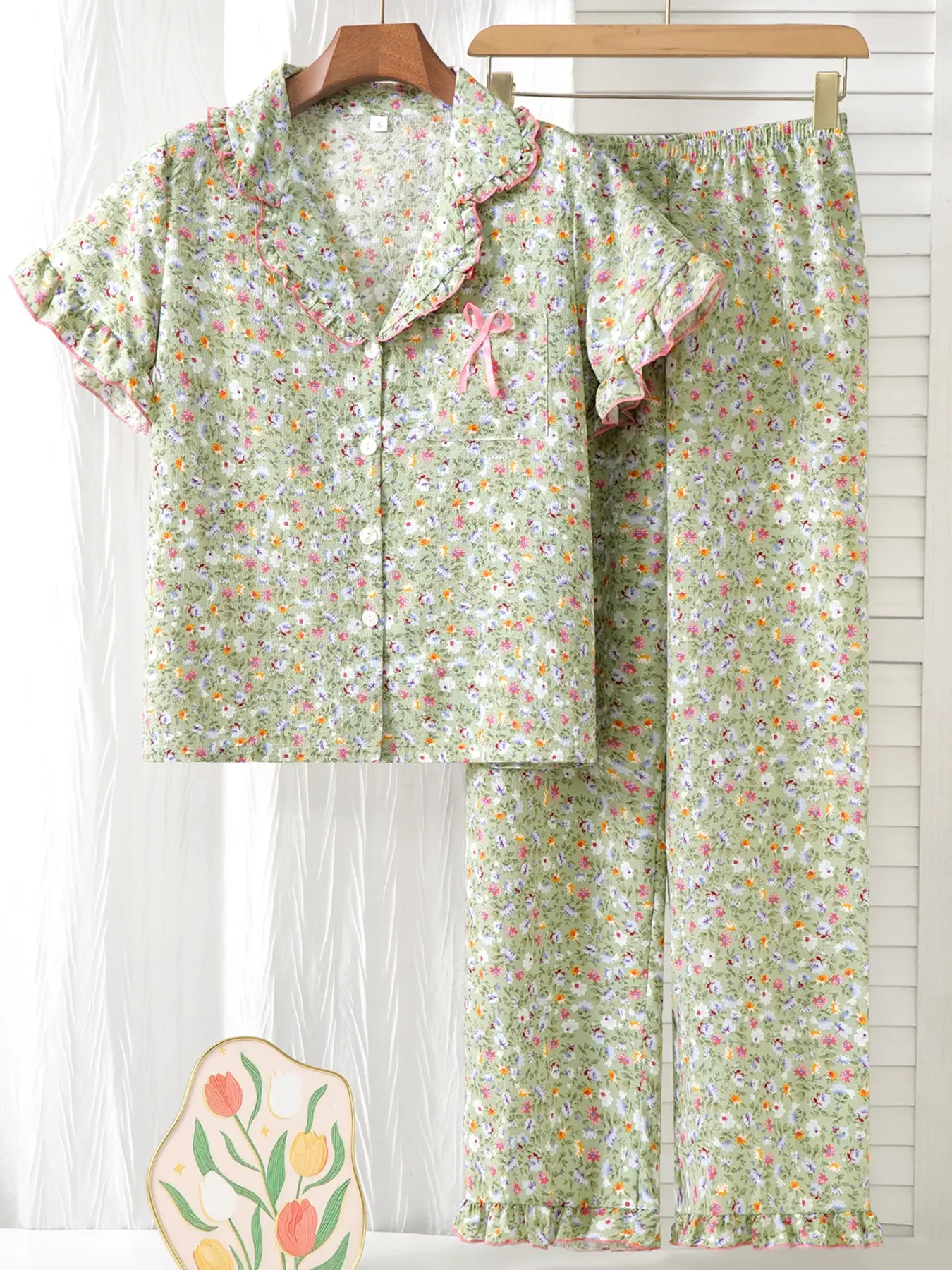 Women's Two-Piece Home Wear Set, Floral Print Puff Sleeve Top and Long Pants, Casual Comfortable Sleepwear for Daily Use