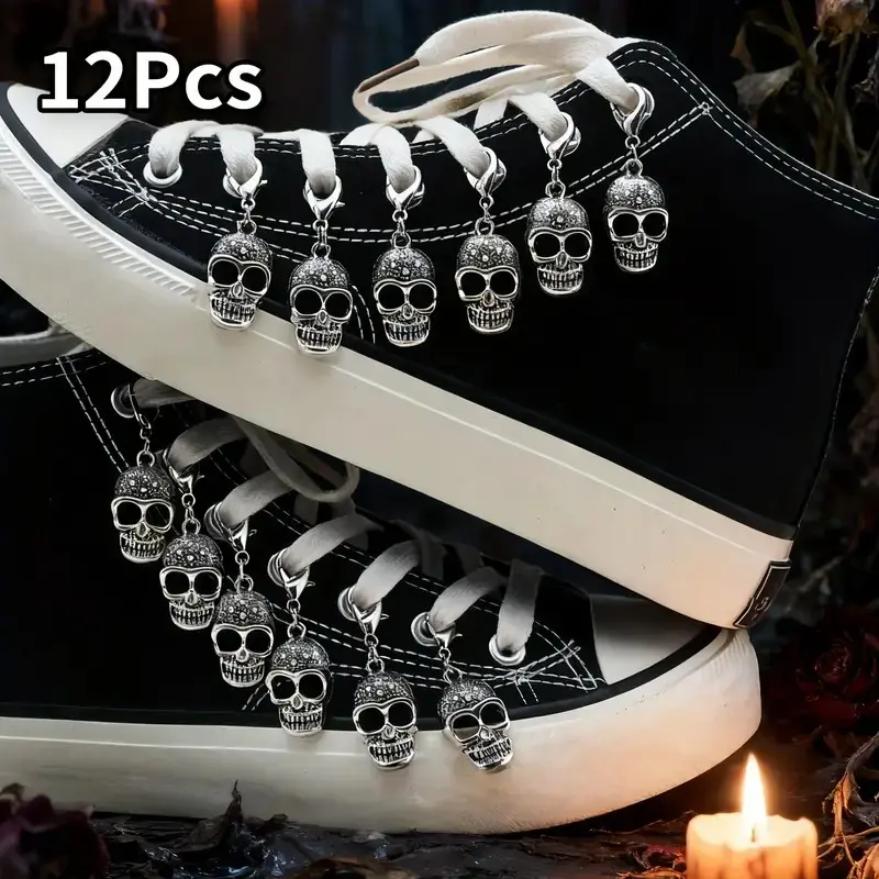 12 Pcs Skull Shoe Decorations with Lobster Clasps, Gothic Punk Hanging Ornaments, Shoe Charms for Sports Shoes, Casual Shoes, Boots, Halloween Gifts