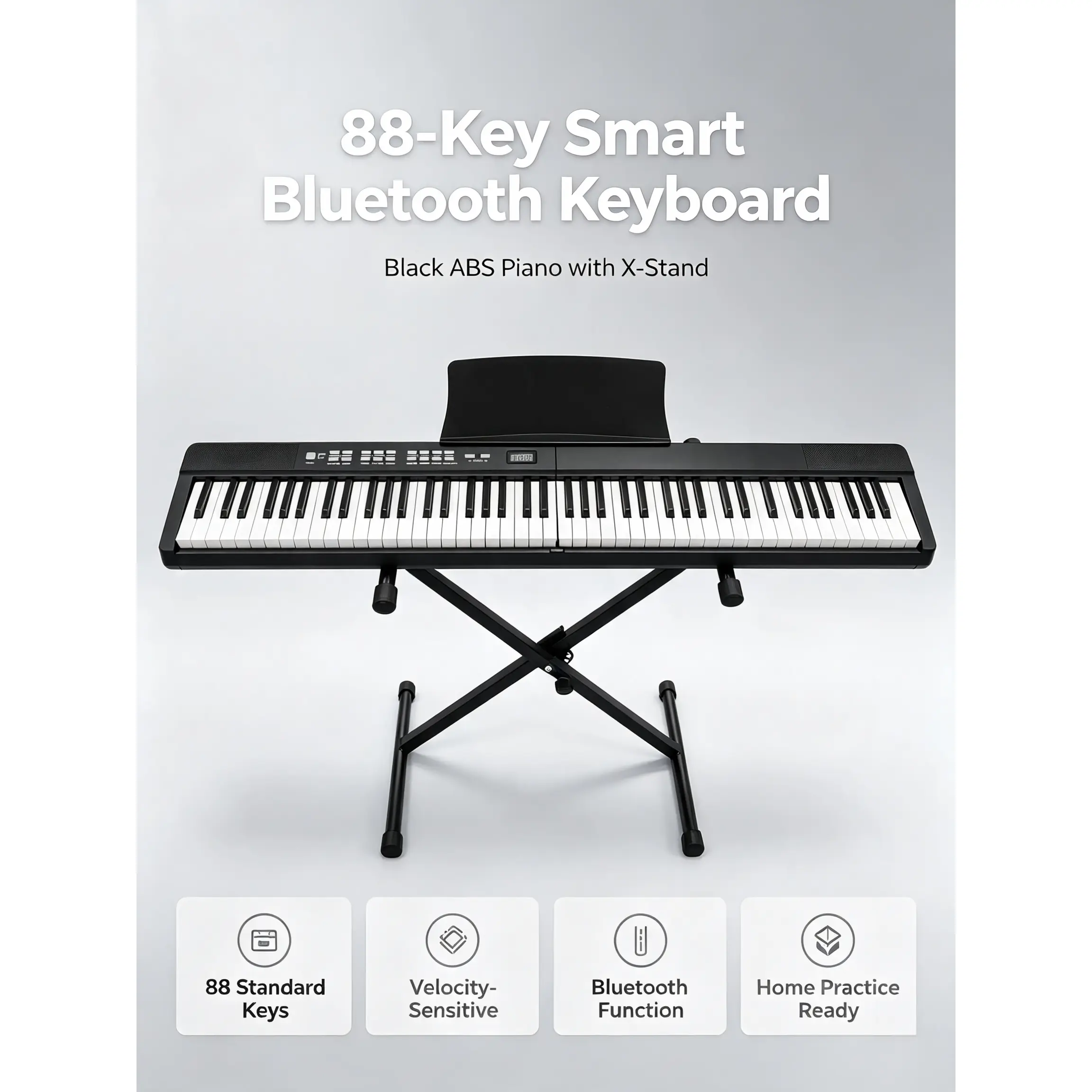 88-Key Standard Velocity Smart Bluetooth Electronic Keyboard | Black ABS Portable Piano with X-Stand for Beginners, Home Practice & Music Learning