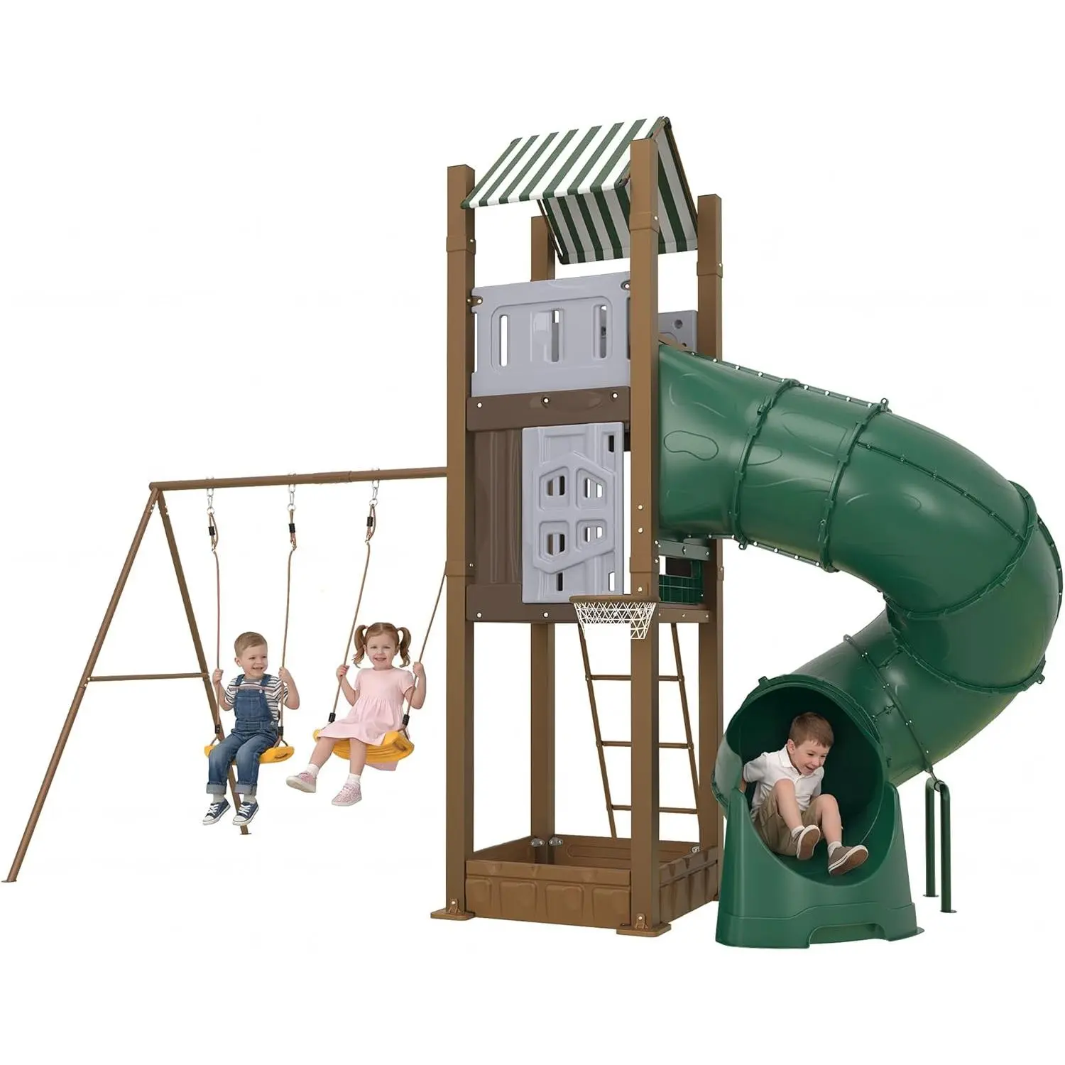 Multi-Function Backyard Swing Set for Kids - Metal Playground with Enhanced Tube Slide, Swings, Climbing Ladder, Sandbox, Basketball Hoop - Large Outdoor Playhouse - Basic (basketball hoop)