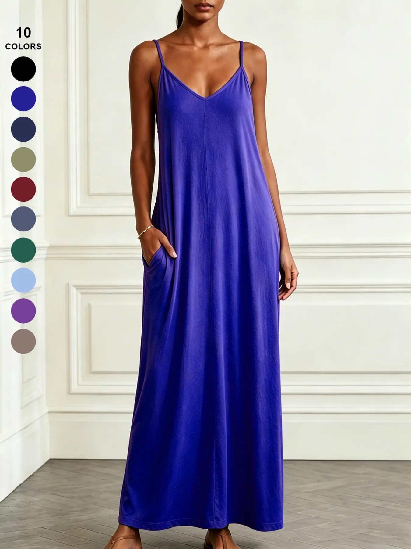 Women's Casual Loose Fit Long Dress, Summer Sleeveless V-Neck Sexy Dress with Pockets, Perfect for Beach, Vacation, Travel