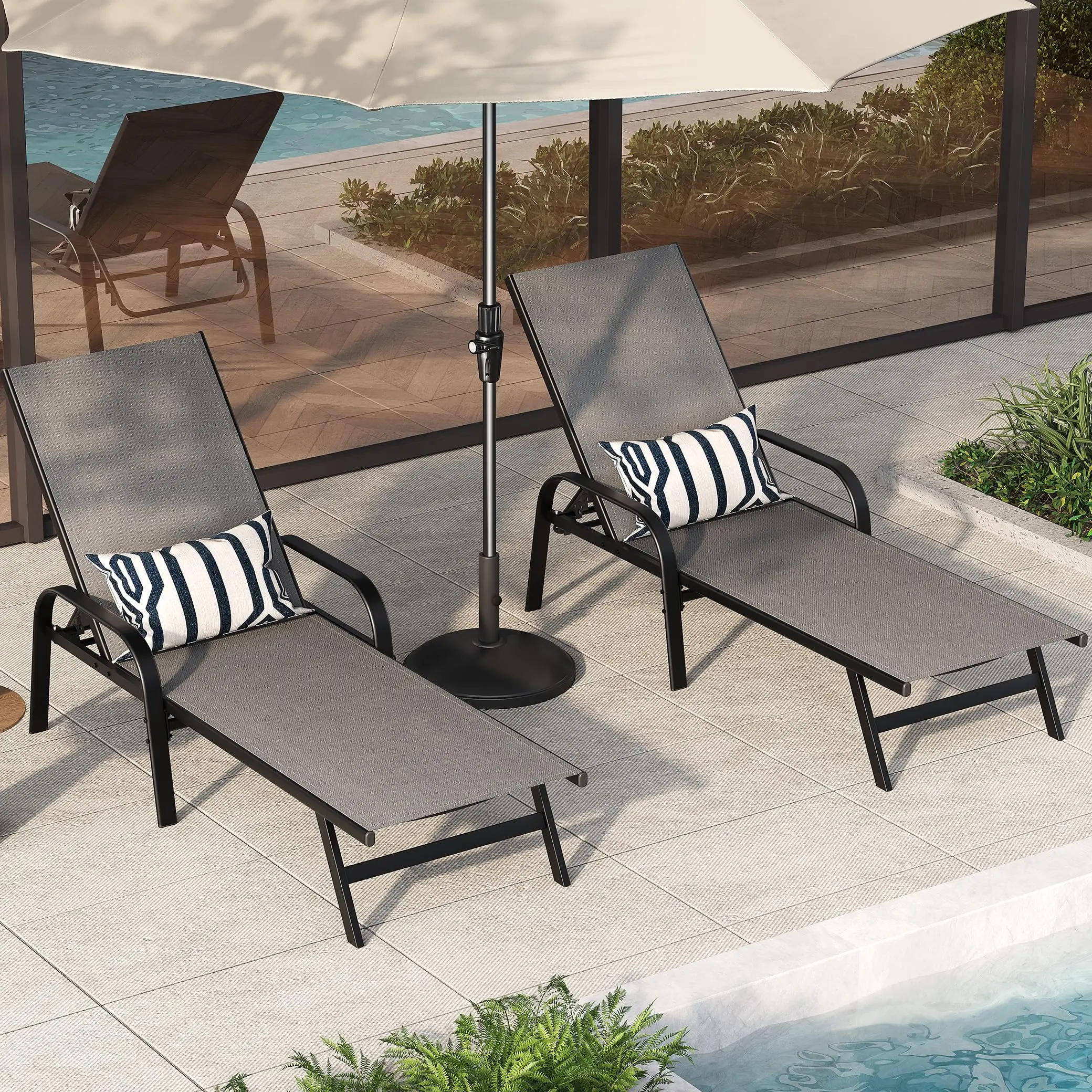 Set of 2 Outdoor Lounge Chairs – 5-Position Adjustable Reclining Patio Chaise with Breathable Textilene Fabric, Collapsible Design, Curved Armrests, Sturdy Metal Frame – Khaki Grey