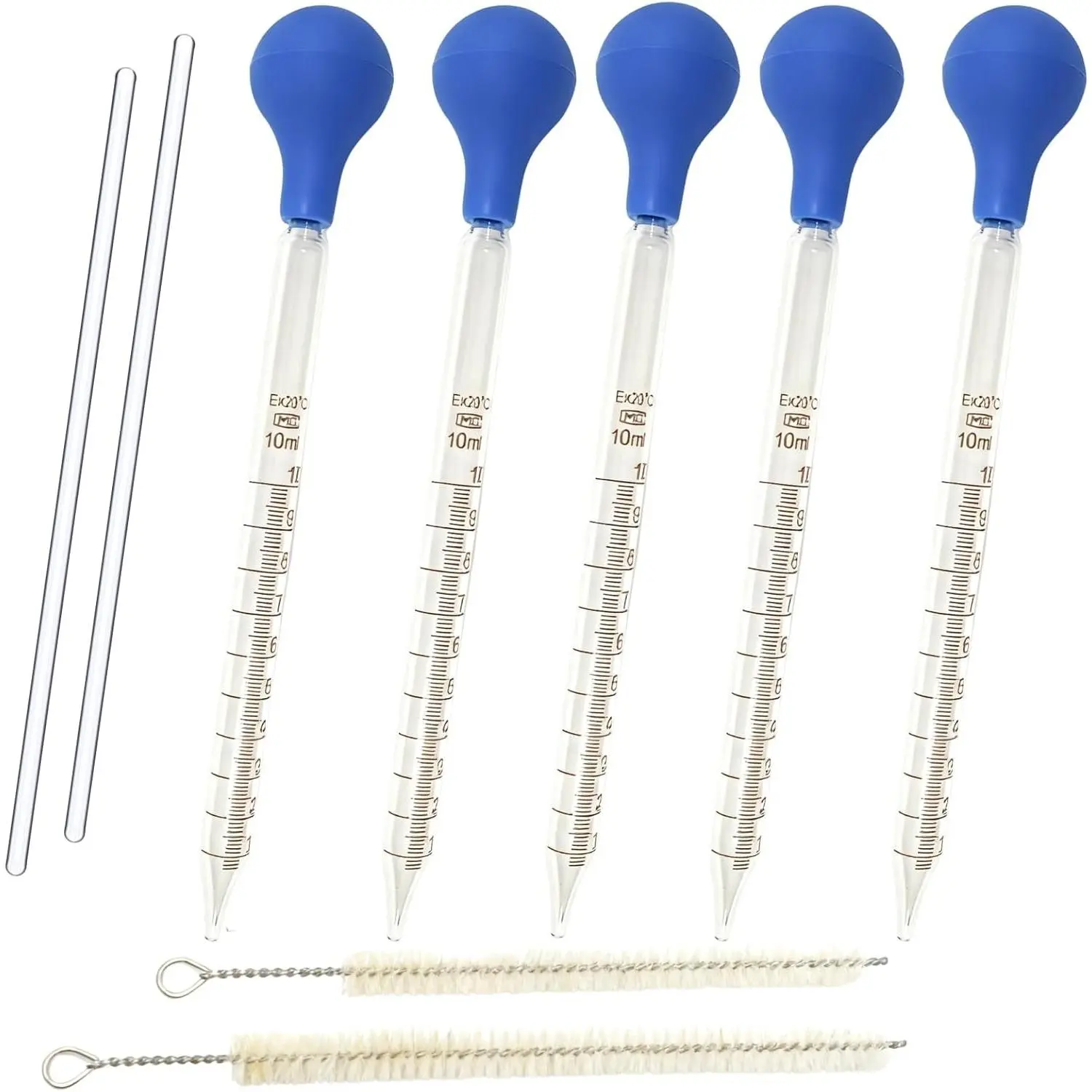 Labware Glass Serological Pipettes Drop Set Pack, 10mL Capacity, Blue Bulb, 5-Pack with Cleaning Brush & Glass Stirring Rod, Laboratory