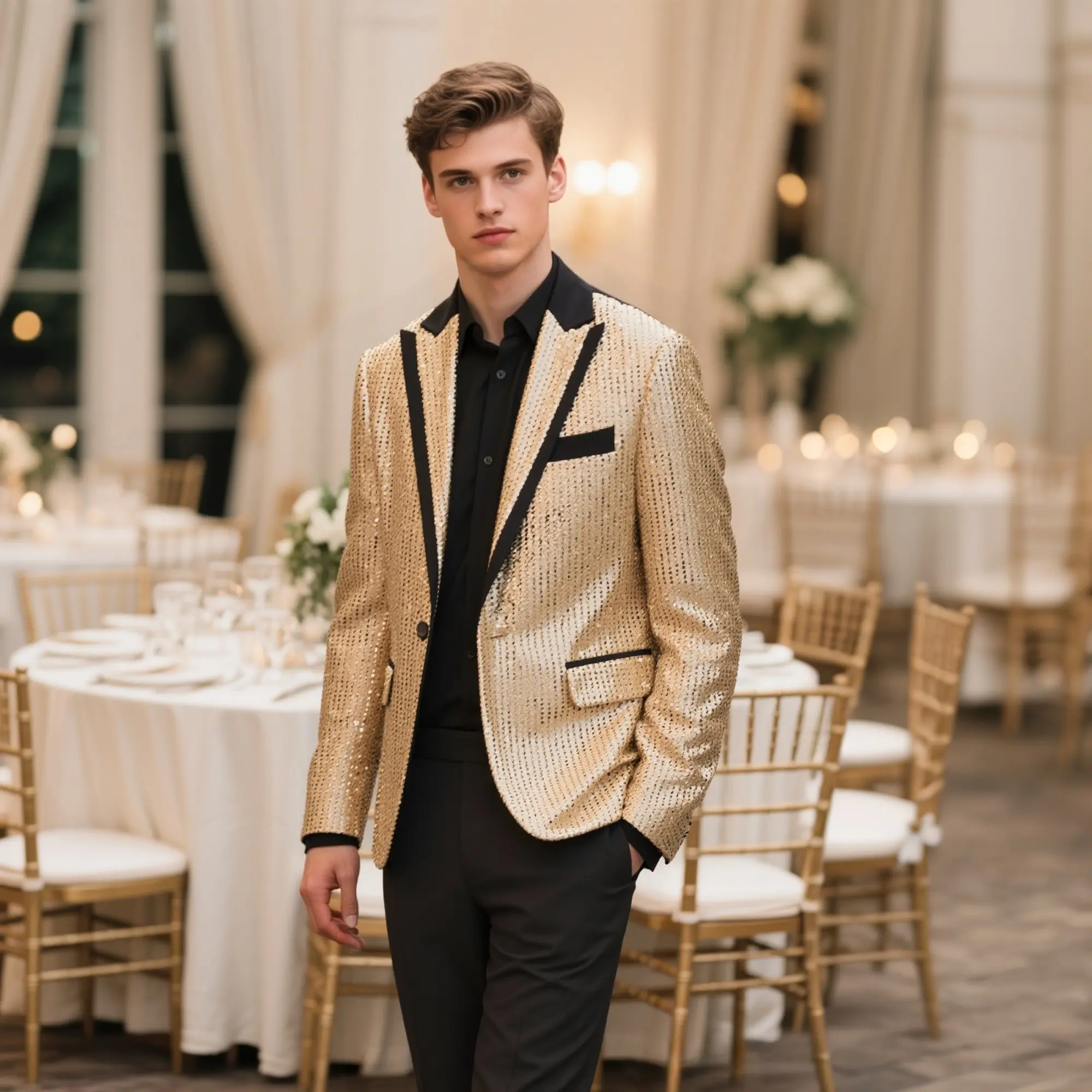 Men's 2-Piece Formal Wear Set, Sequin Long Sleeve Shiny Lapel Blazer & Classic Elegant Tailored Black Pants for Hosting & Stage Events