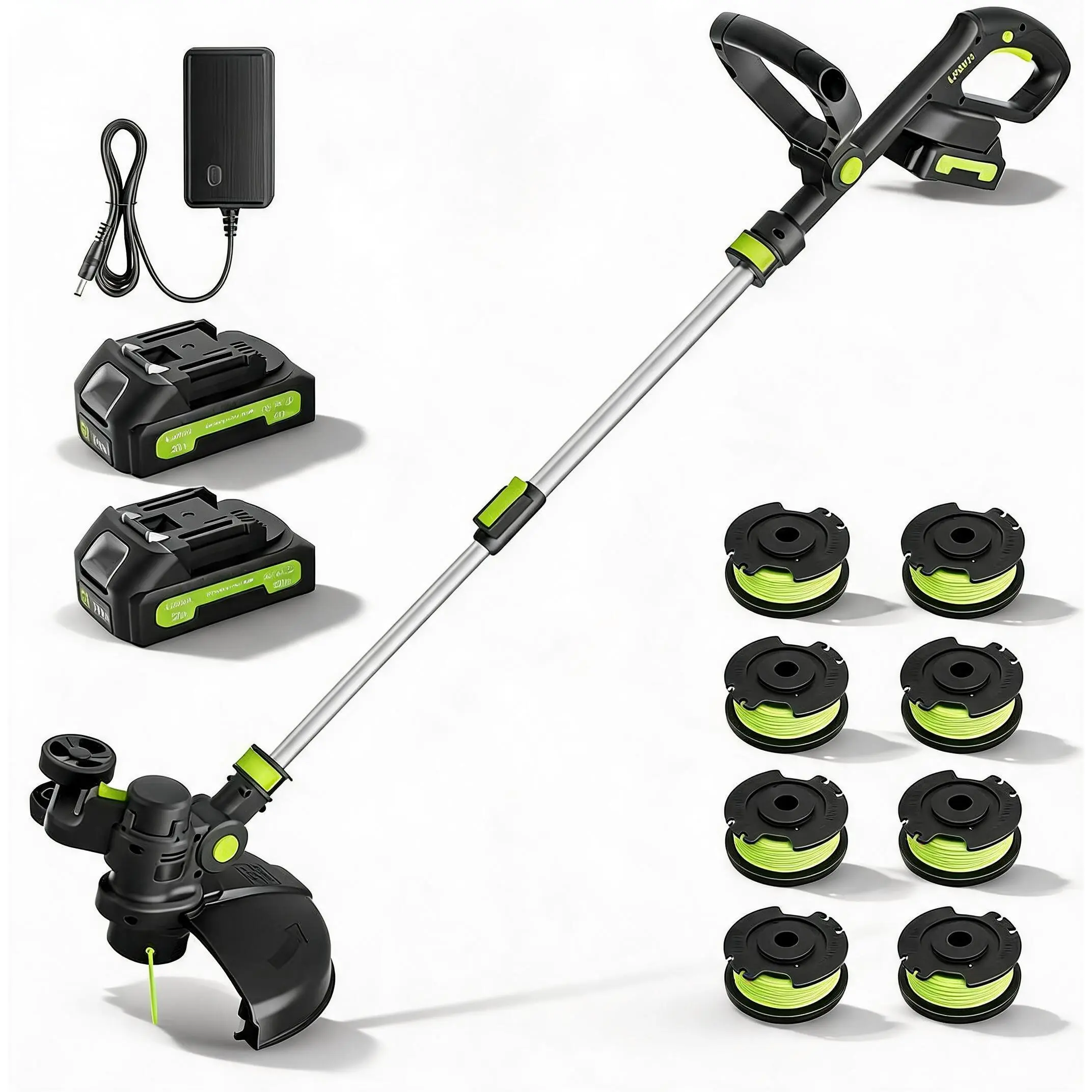 Garvee 20V Cordless 2-in-1 String Trimmer & Edger, 12-Inch Cutting Head Lawn Tool with Dual 2.0Ah Batteries & Fast Charger, 8 Spool Lines, Adjustable Height Collapsible Shaft for Garden Lawn Yard Trimming