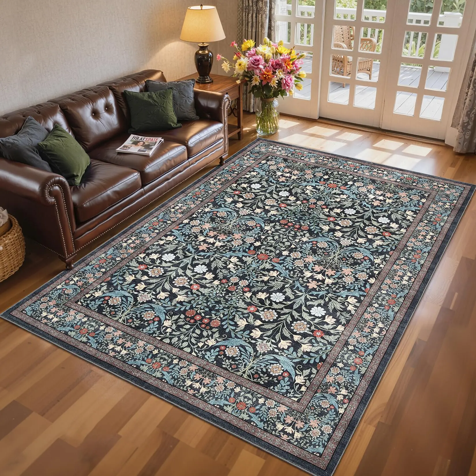 Garvee 8x10 Area Rugs for Living Room, Washable Large Floral Rug Non Slip, Soft Flower Birds Low-Pile Floor Indoor Carpet for Bedroom Dining Room Dorm Playroom Nursery (Black)