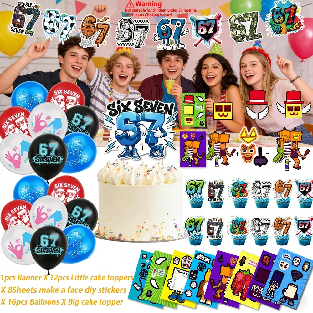 Funny Brainrot 67 Meme Birthday Decor Set, Italian Brainrot Theme with Banner, Cake Topper, Balloon, 8 DIY Stickers, Party Event Props for Cartoon Party Party Gift Humor Gift Funny Gifts