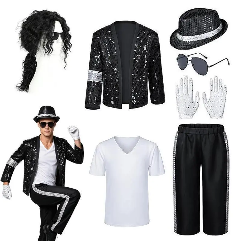 Adult Women Men 80s 90s Pop Star Michael Jackson Cosplay Costume Wig Halloween Stage Performance Hip Hop Dance  Family Clothing