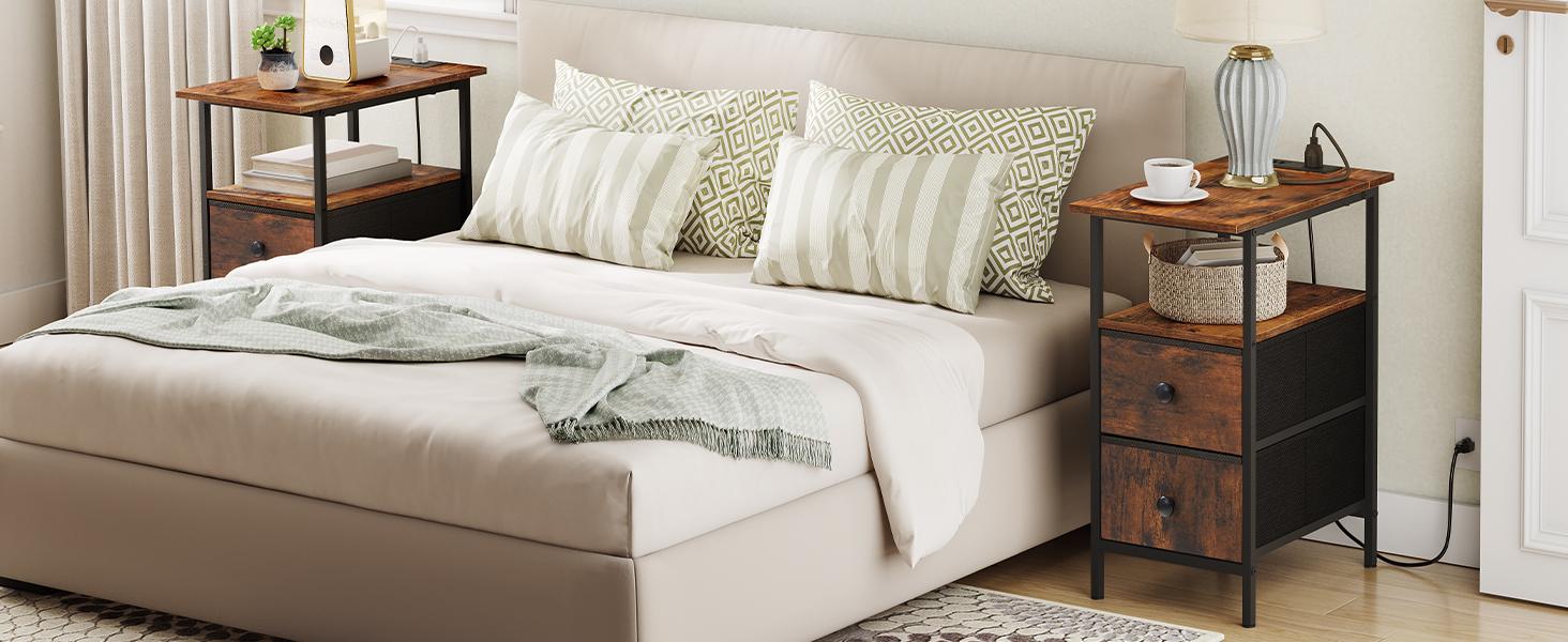 End Table with Charging Station, Narrow Side Table, Nightstand with 2 Non-Woven Drawers, Slim Sofa Side Table, for Small Spaces, Living Room, Bedroom, Rustic Brown and Black End Table with Charging Station, Narrow Side Table, Nightstand with 2 Non-Woven Drawers, Slim Sofa Side Table, for Small Spaces, Living Room, Bedroom, Rustic Brown and Black