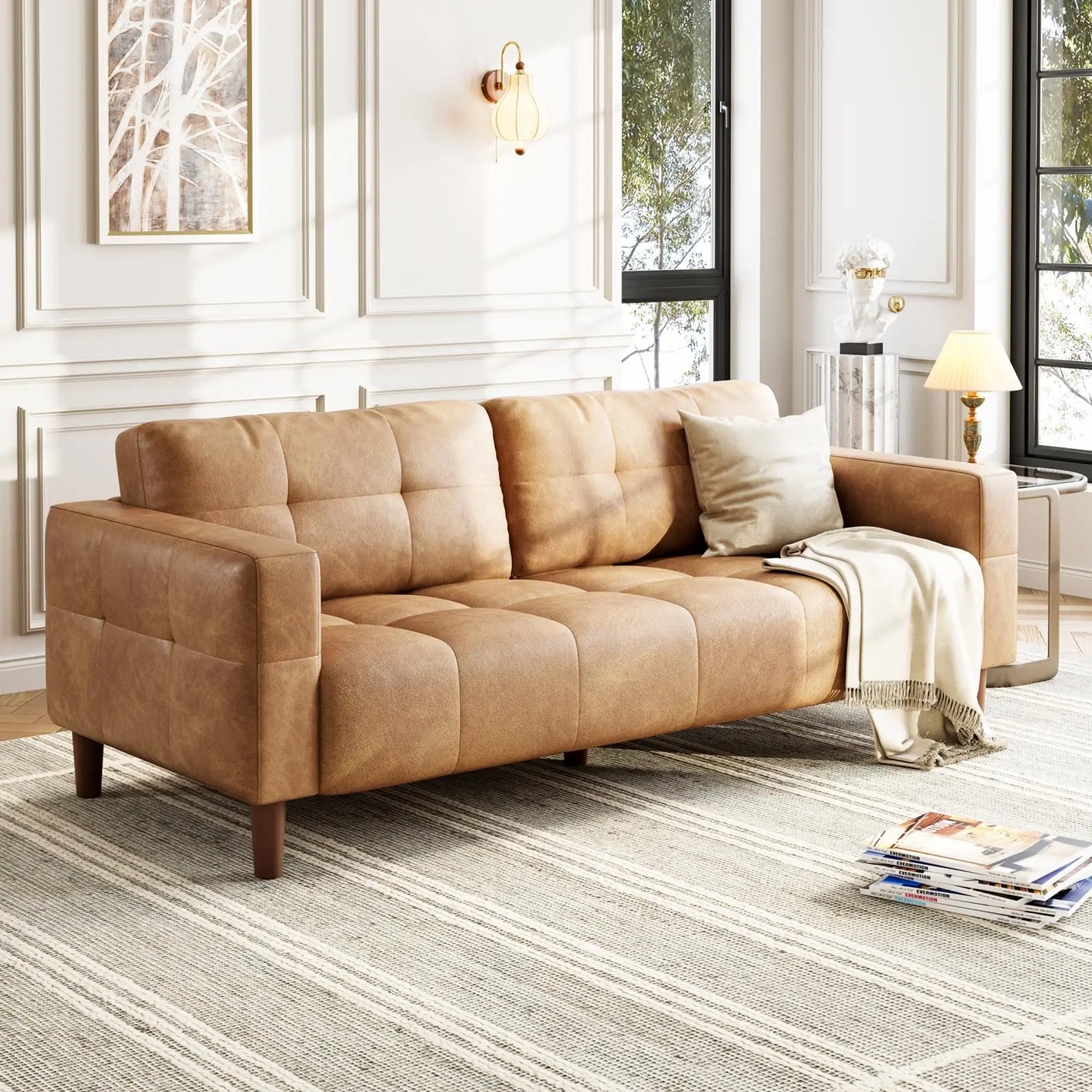 【GAOMON】83 Inch Faux Leather Sofa, Mid-Century Modern 3 Seater Couch for Living Room Apartment, Easy Clean PU Leather, Deep Seat, 800lbs Capacity, Brown/Orange, Sturdy Wood Legs
