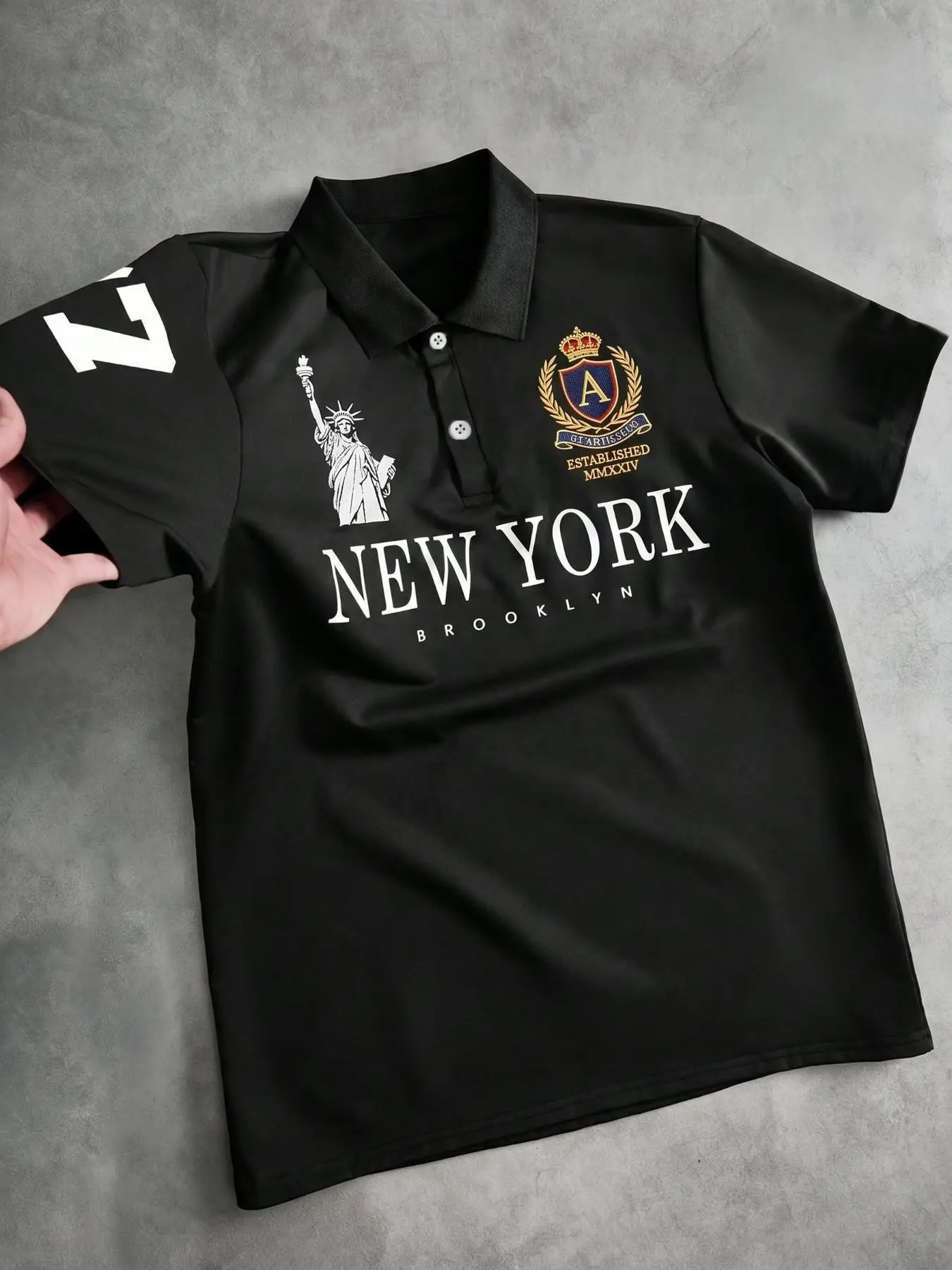 American Vintage New York Print Polo Shirt, High Street Badge Lapel Short Sleeve, Unisex Daily Commute Versatile Tee