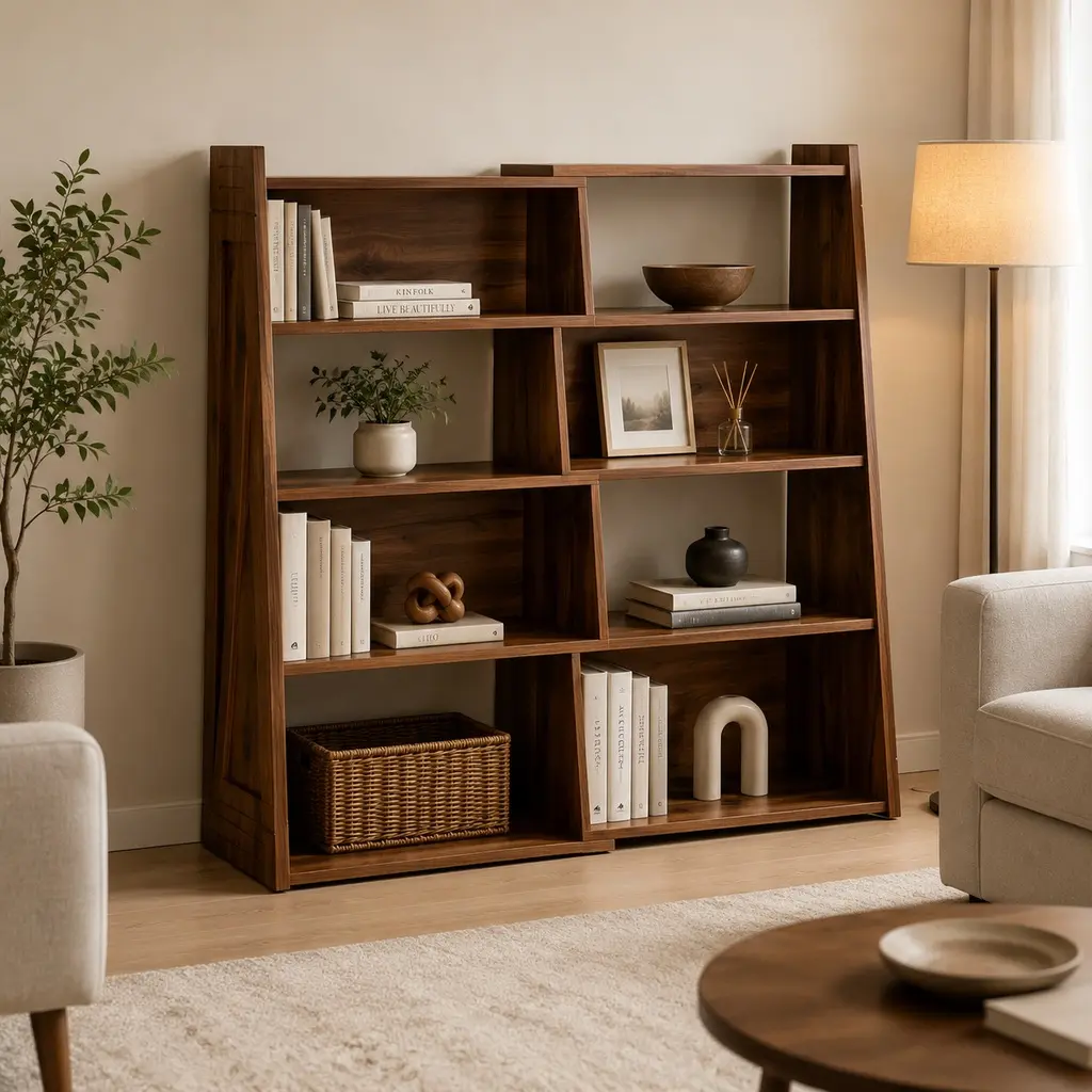 ARCH 3-in-1 Convertible Modular Walnut Bookcase - Mid Century Contemporary Asymmetrical Open Display Shelf, Sturdy Base Multi-Grid Rack, Home Library Storage for Living Room, Home Office, Natural Wood+Brown MDF, 11.8Wx47.2Dx42.5H in, Furniture, Living Roo