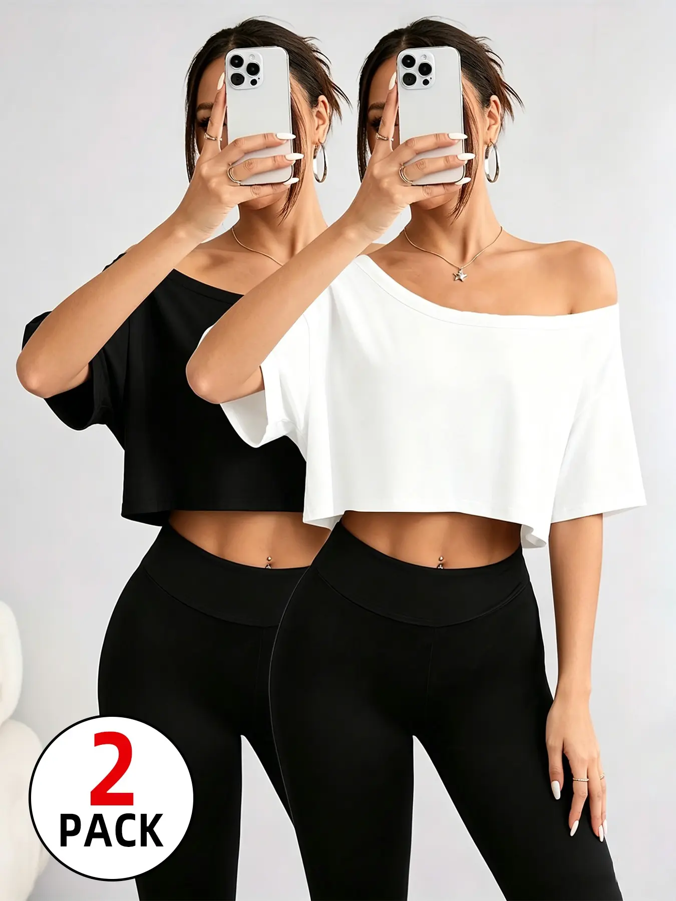 2 Pack/1 Pack Women's Off Shoulder Crop Tops, 2026 Trendy Cold Shoulder Short Sleeve Tees,Y2K Aesthetic Oversized Off The Shoulder Tops, Multi-Color Options, Soft Breathable Basic Tops for Workout, Daily, Streetwear, TikTok Viral Summer Tops