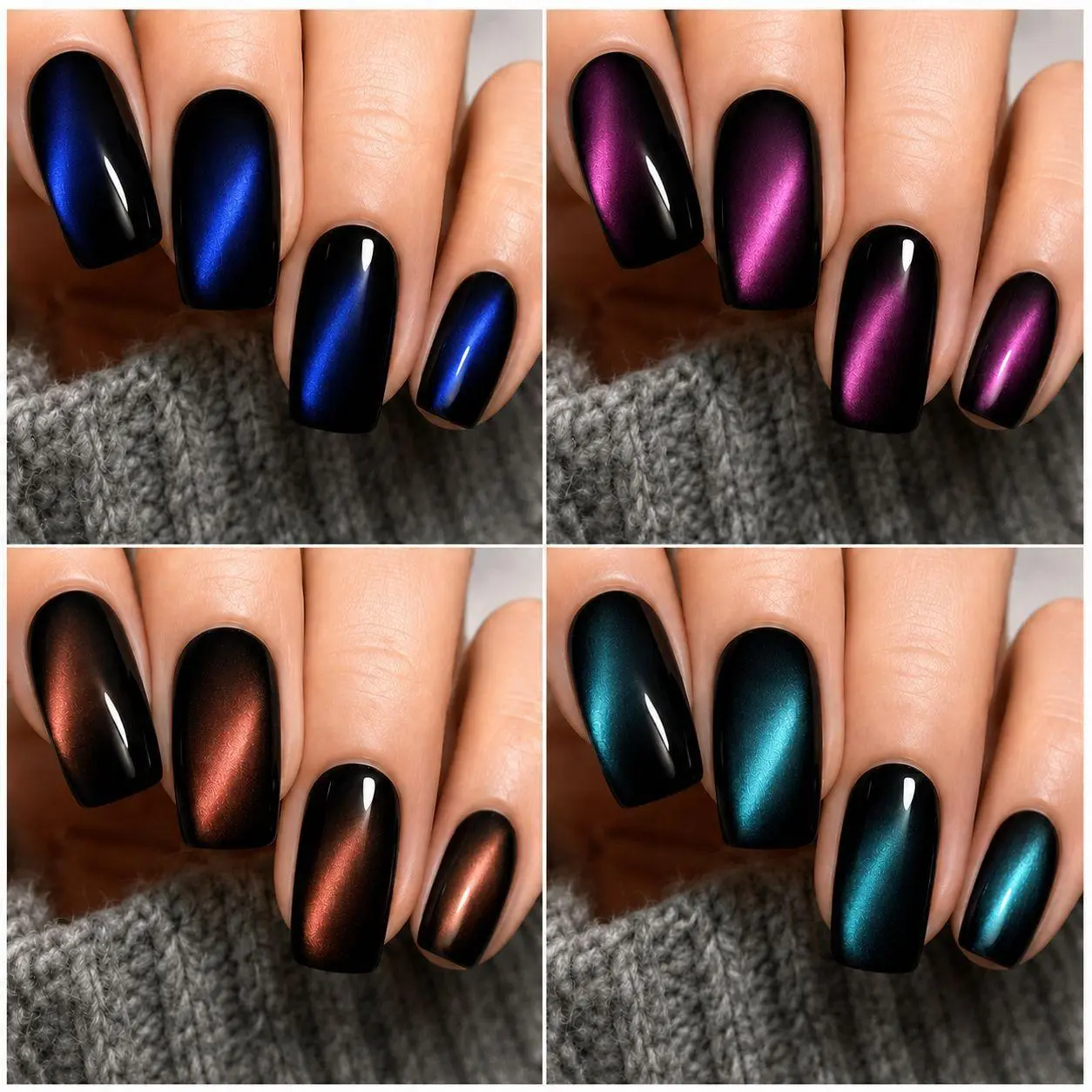 4 Colors Cat Eye Press On Nails Set, Short Square Shape Premium Glossy Pre-shaped Fake Nail Tips, Reusable Acrylic False Nails Kit, Luxury Magnet Cat Eye Manicure Set for Women Daily Party DIY Nail Art